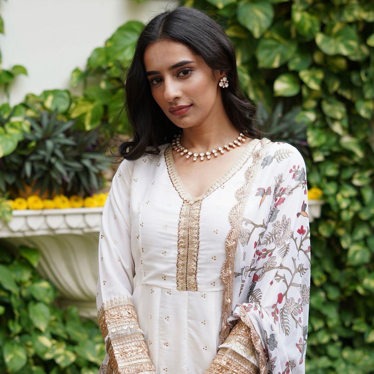 Silk Mukesh Work V-Neck Set with Hand Embellishments, Fancy Lace & Tubelight Work, Digital Print Dupatta
