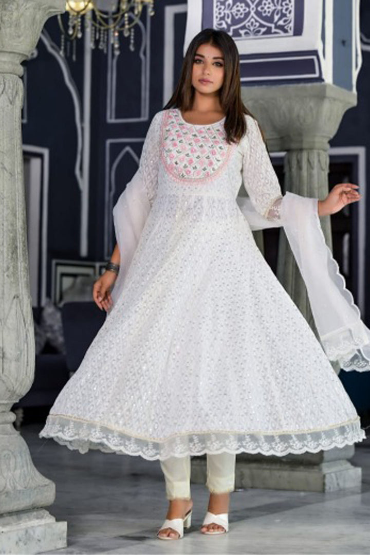 Aavanya Off White Georgette Schiffli Fabric Hand Work and Bead & Stone Work Round Neck Anarkali Kurta & Trouser With Dupatta