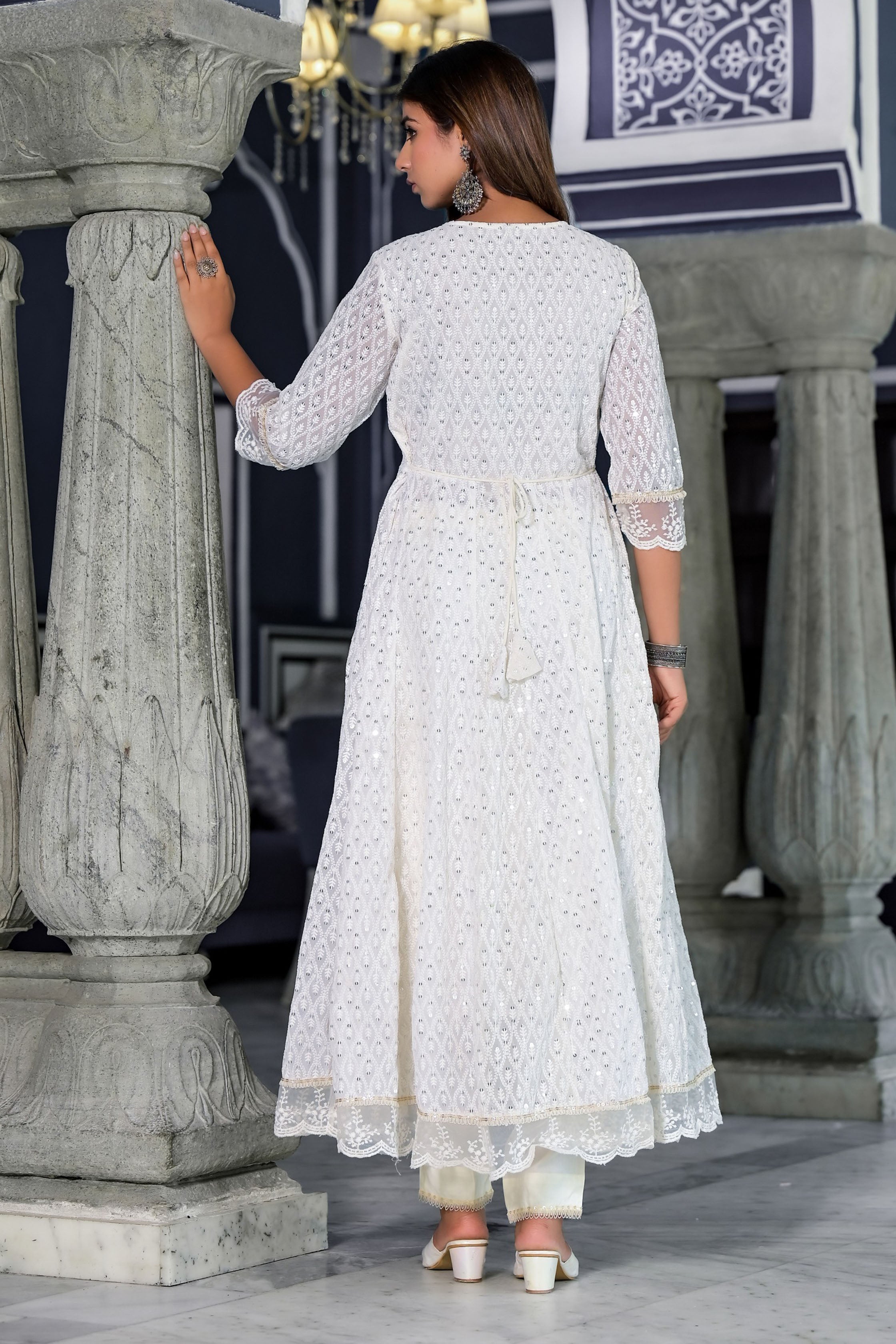 Off White Georgette Schiffli Fabric Hand Work and Bead & Stone Work Round Neck Anarkali Kurta & Trouser With Dupatta