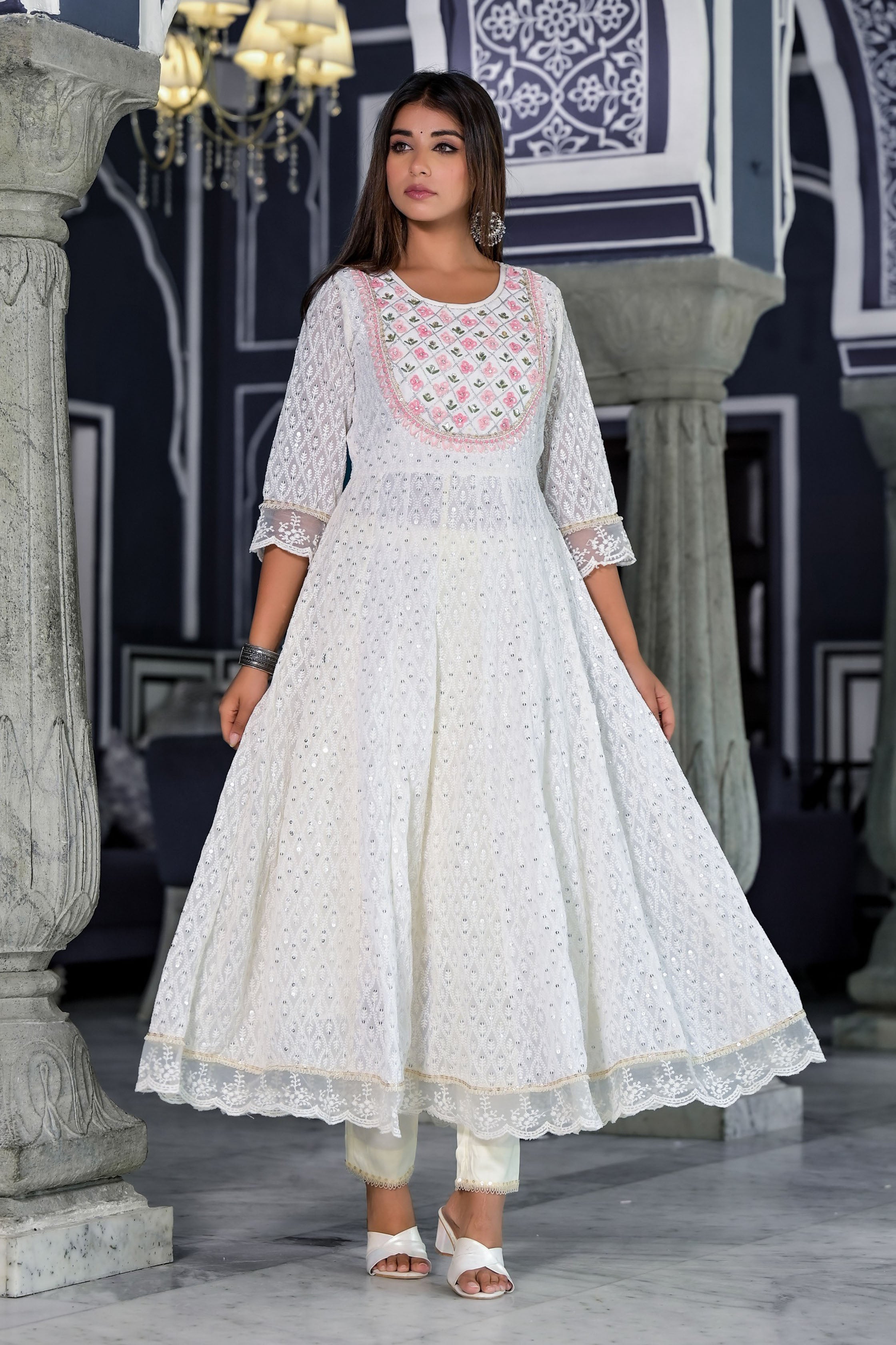 Off White Georgette Schiffli Fabric Hand Work and Bead & Stone Work Round Neck Anarkali Kurta & Trouser With Dupatta