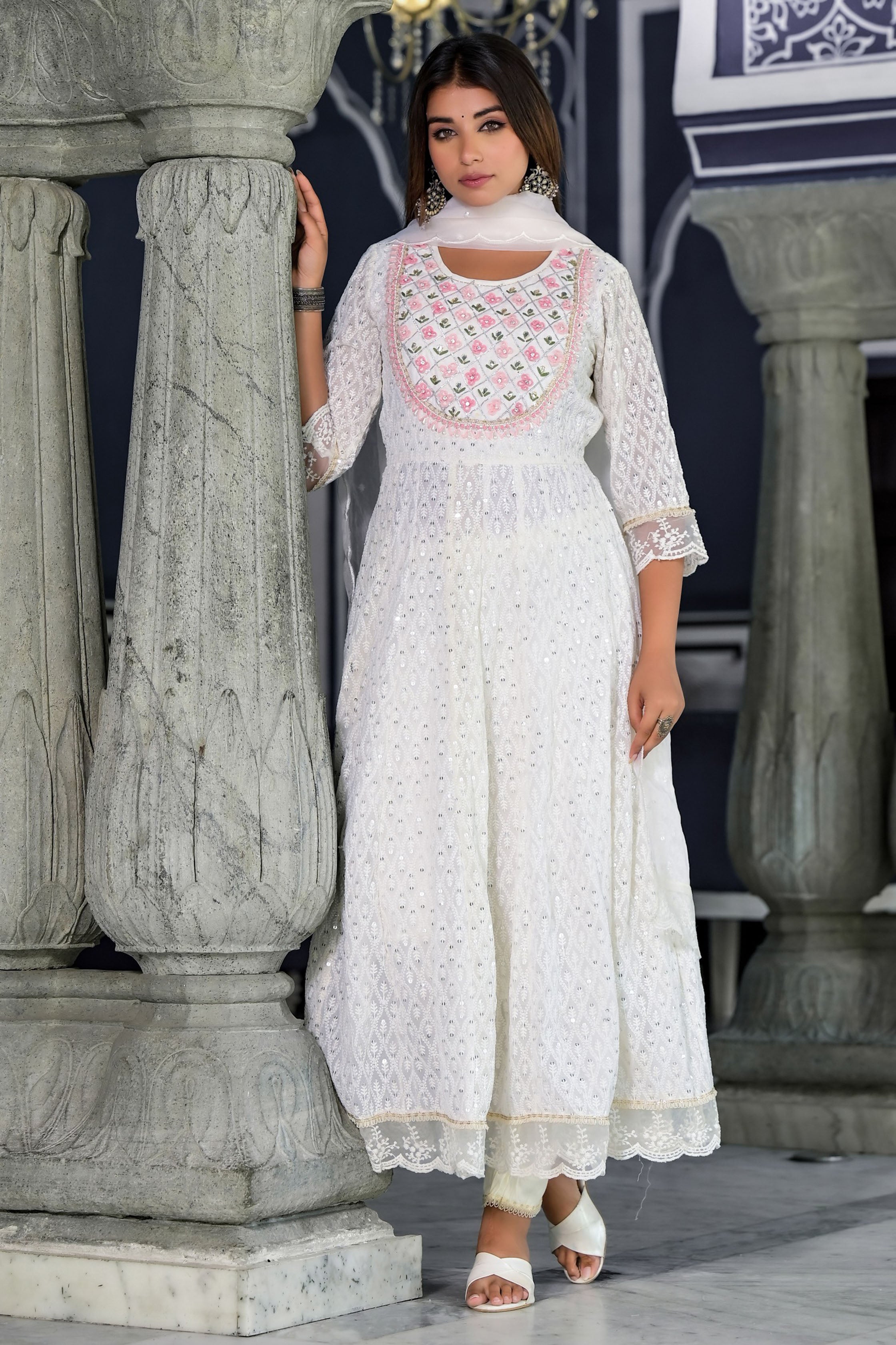 Off White Georgette Schiffli Fabric Hand Work and Bead & Stone Work Round Neck Anarkali Kurta & Trouser With Dupatta