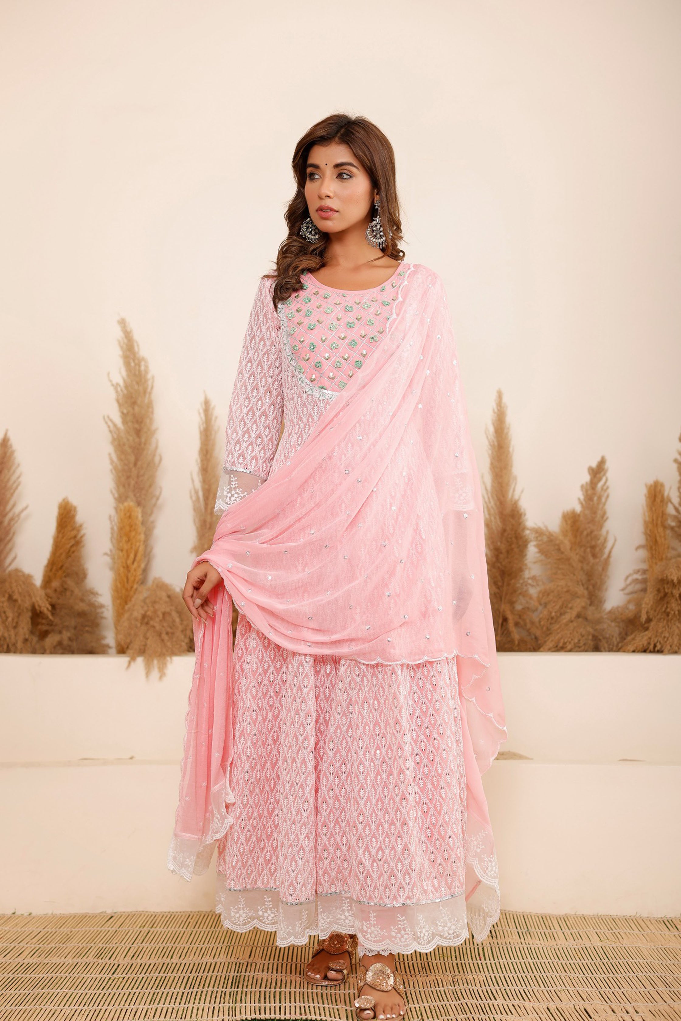 Pink Georgette Schiffli Fabric Hand Work and Bead & Stone Work Round Neck Anarkali Kurta & Trouser With Dupatta