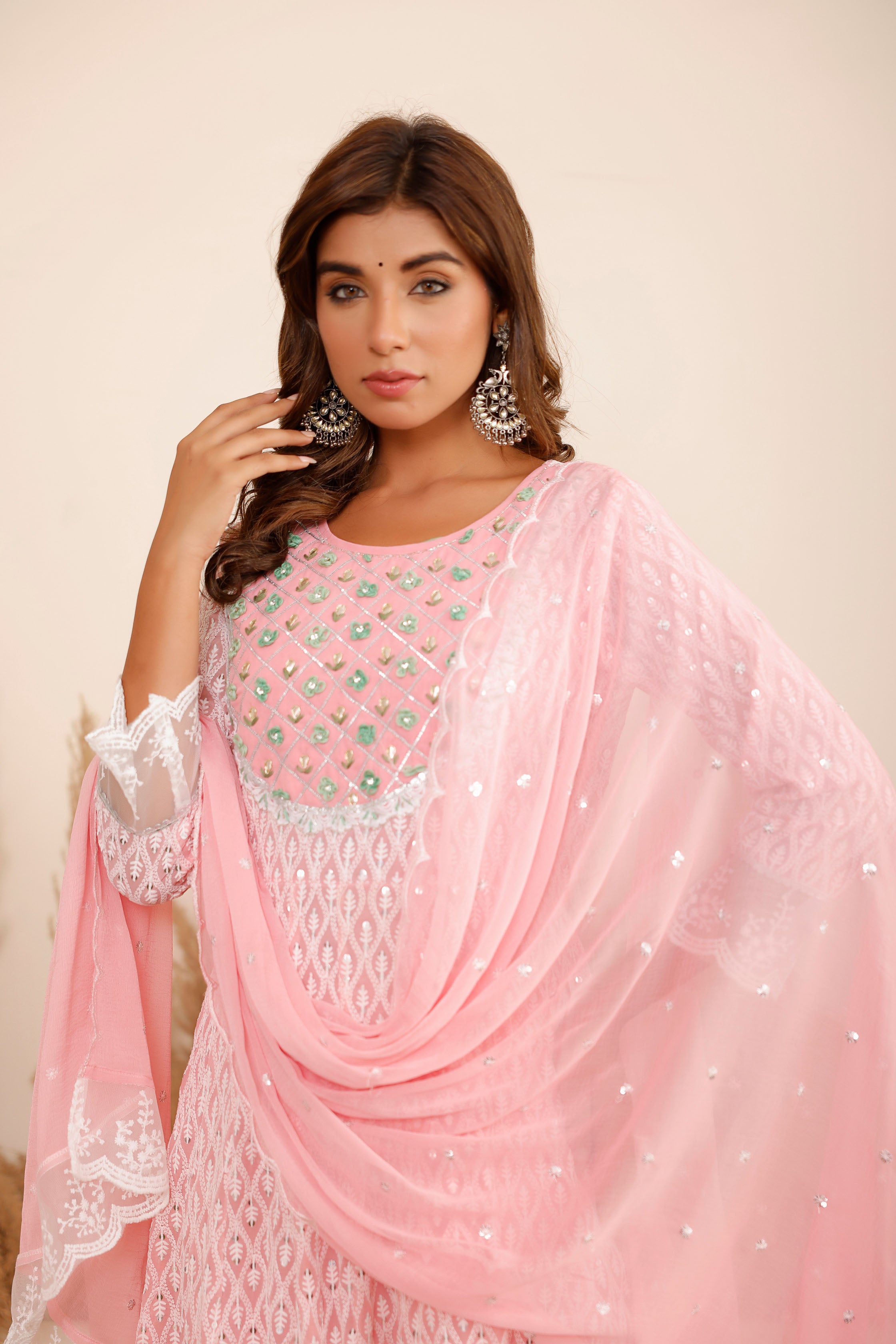 Pink Georgette Schiffli Fabric Hand Work and Bead & Stone Work Round Neck Anarkali Kurta & Trouser With Dupatta