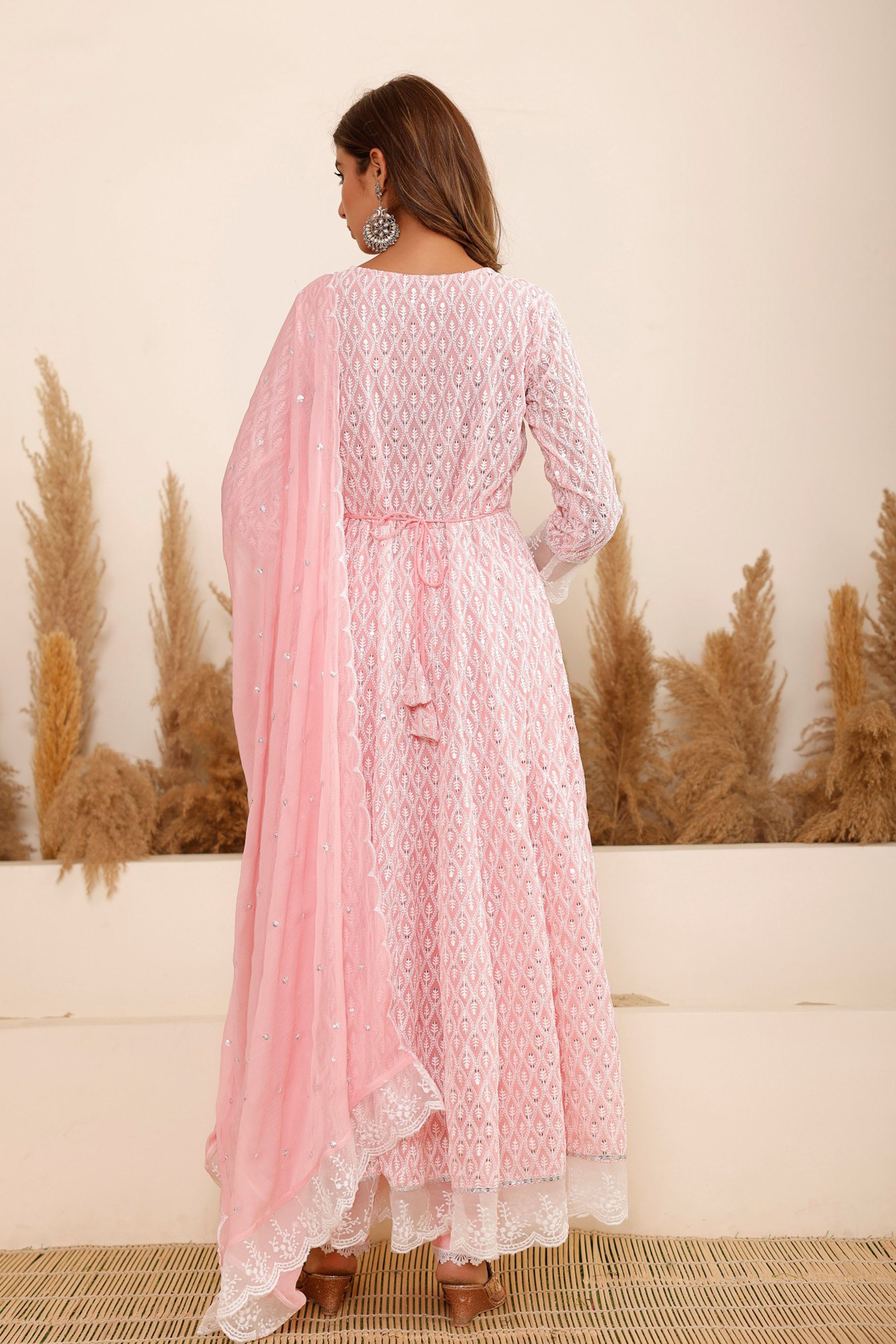 Pink Georgette Schiffli Fabric Hand Work and Bead & Stone Work Round Neck Anarkali Kurta & Trouser With Dupatta