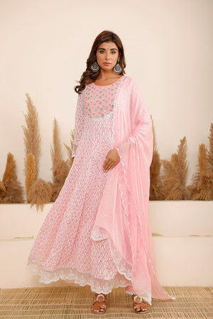 Aavanya Pink Georgette Schiffli Fabric Hand Work and Bead & Stone Work Round Neck Anarkali Kurta & Trouser With Dupatta