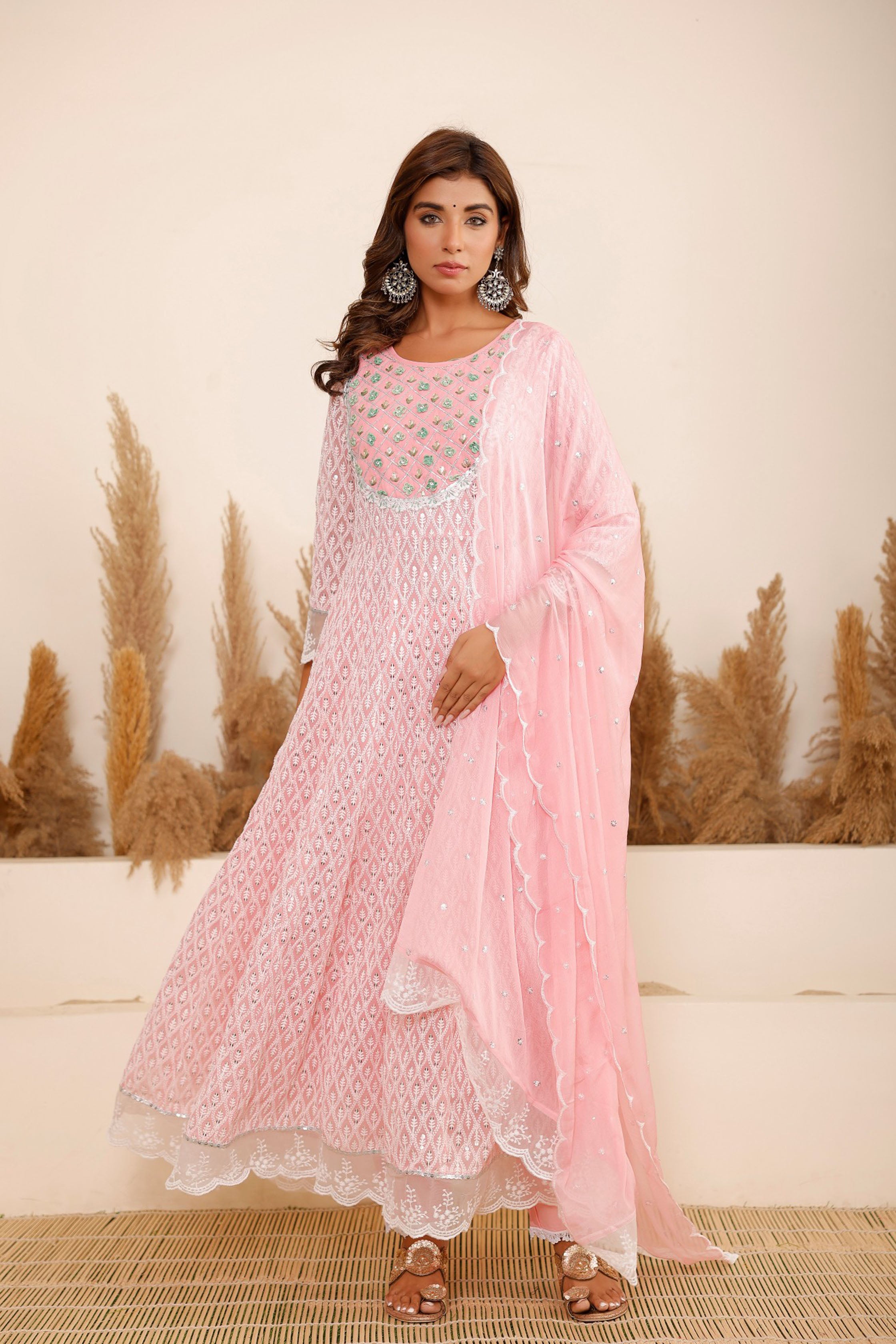 Aavanya Pink Georgette Schiffli Fabric Hand Work and Bead & Stone Work Round Neck Anarkali Kurta & Trouser With Dupatta