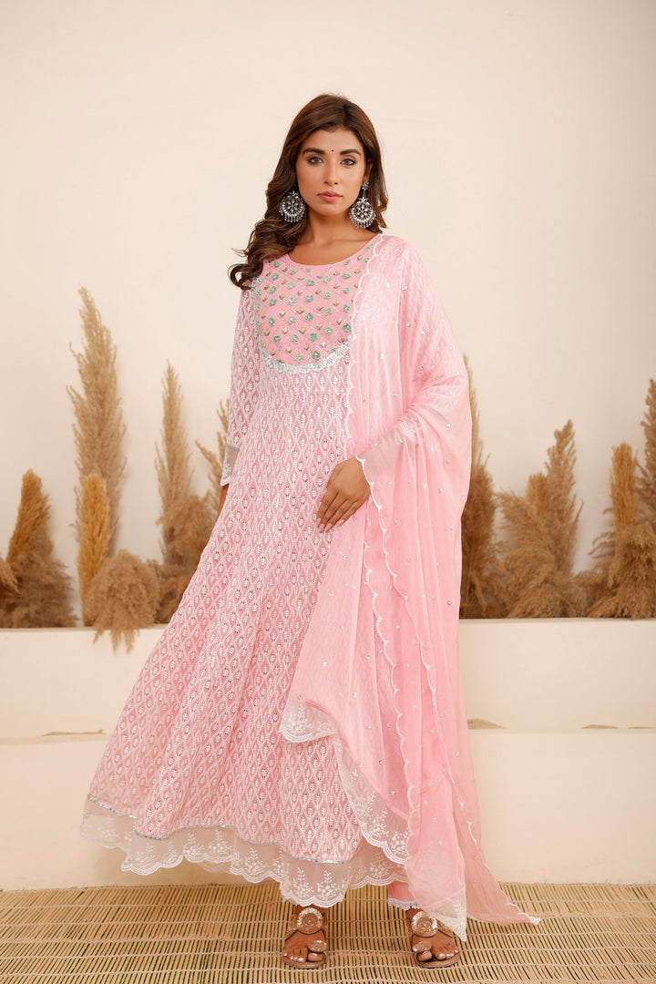 Aavanya Pink Georgette Schiffli Fabric Hand Work and Bead & Stone Work Round Neck Anarkali Kurta & Trouser With Dupatta