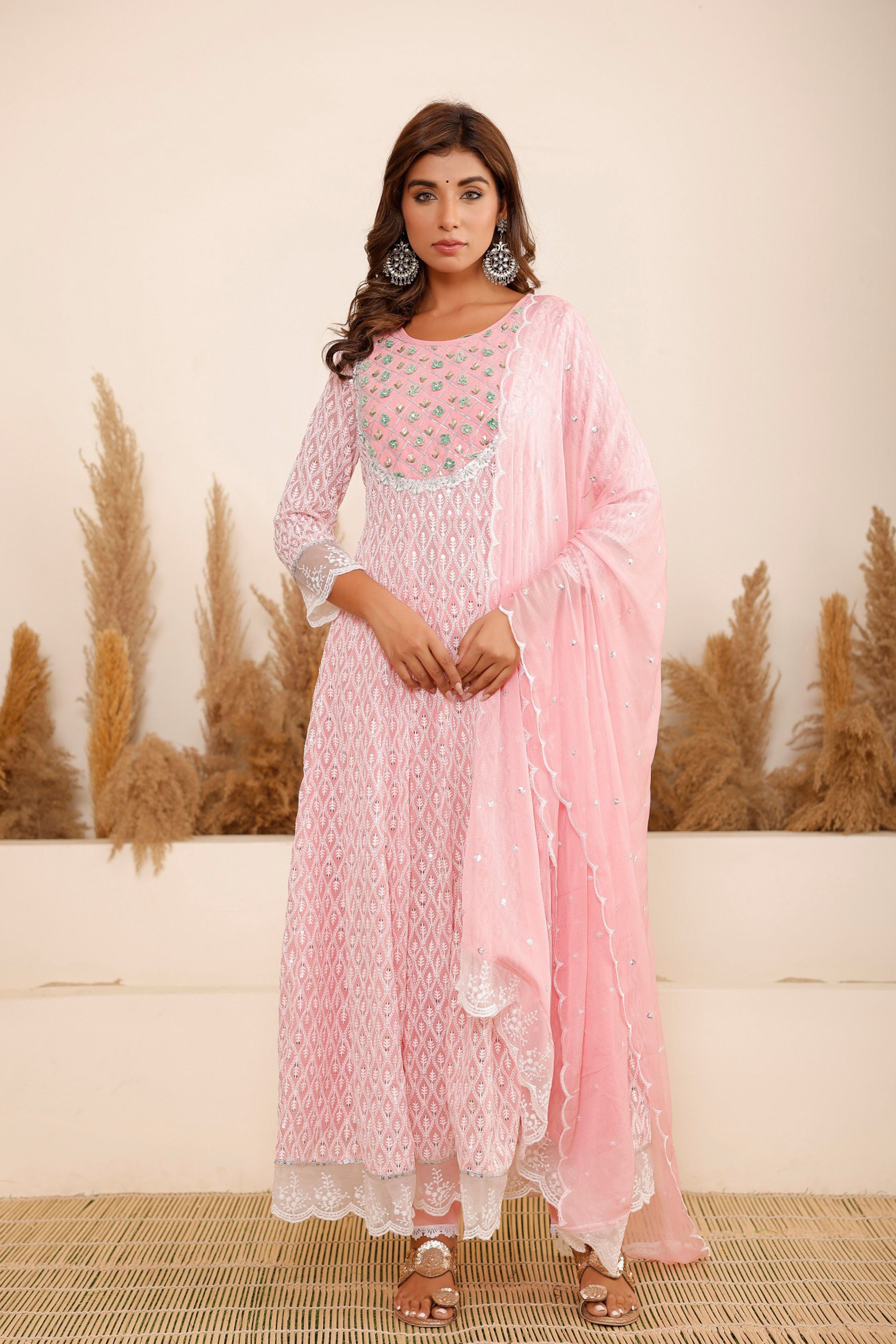 Pink Georgette Schiffli Fabric Hand Work and Bead & Stone Work Round Neck Anarkali Kurta & Trouser With Dupatta