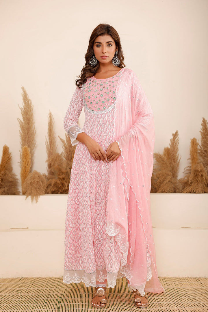 Pink Georgette Schiffli Fabric Hand Work and Bead & Stone Work Round Neck Anarkali Kurta & Trouser With Dupatta