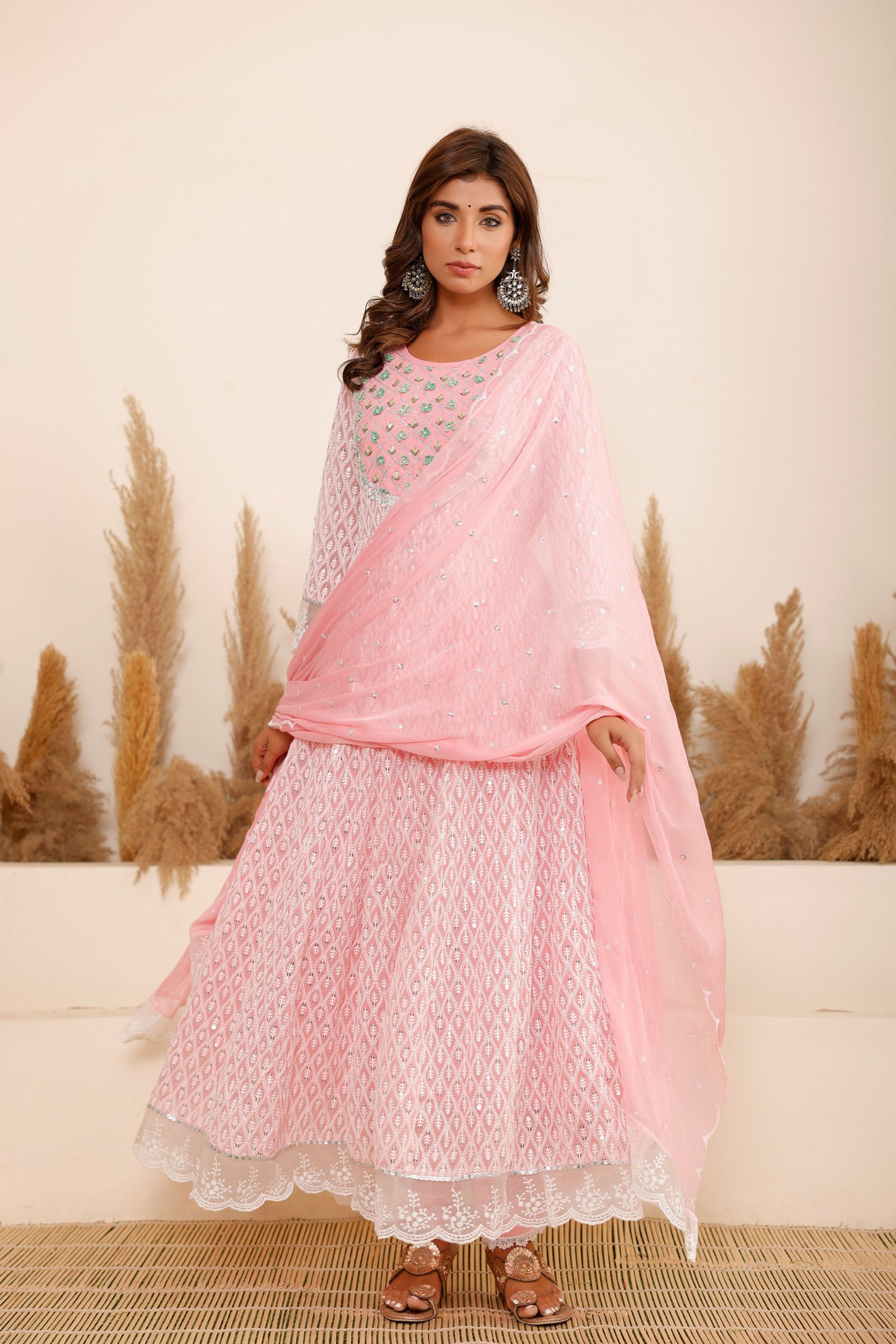 Pink Georgette Schiffli Fabric Hand Work and Bead & Stone Work Round Neck Anarkali Kurta & Trouser With Dupatta