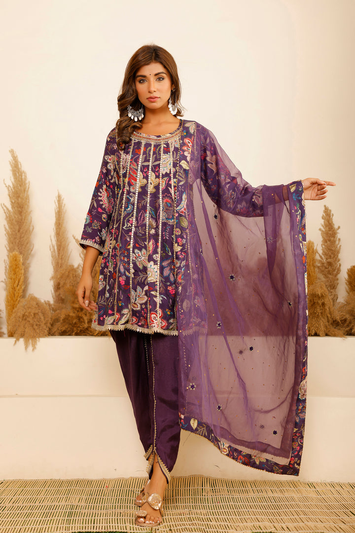 Aavanya Purple Modal A-Line Round Neck Zari Kurta & Dhoti Pant With Dupatta