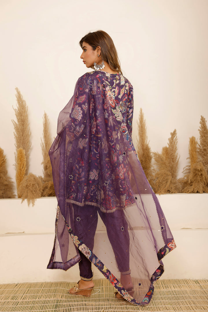 Purple Modal A-Line Round Neck Zari Kurta & Dhoti Pant With Dupatta