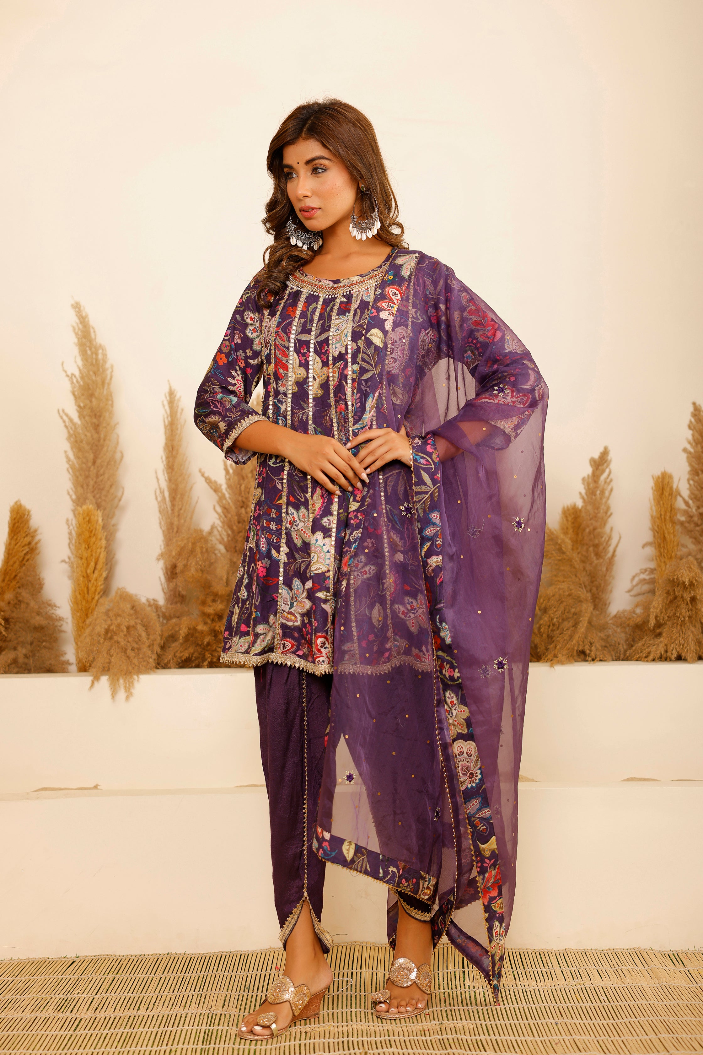 Purple Modal A-Line Round Neck Zari Kurta & Dhoti Pant With Dupatta
