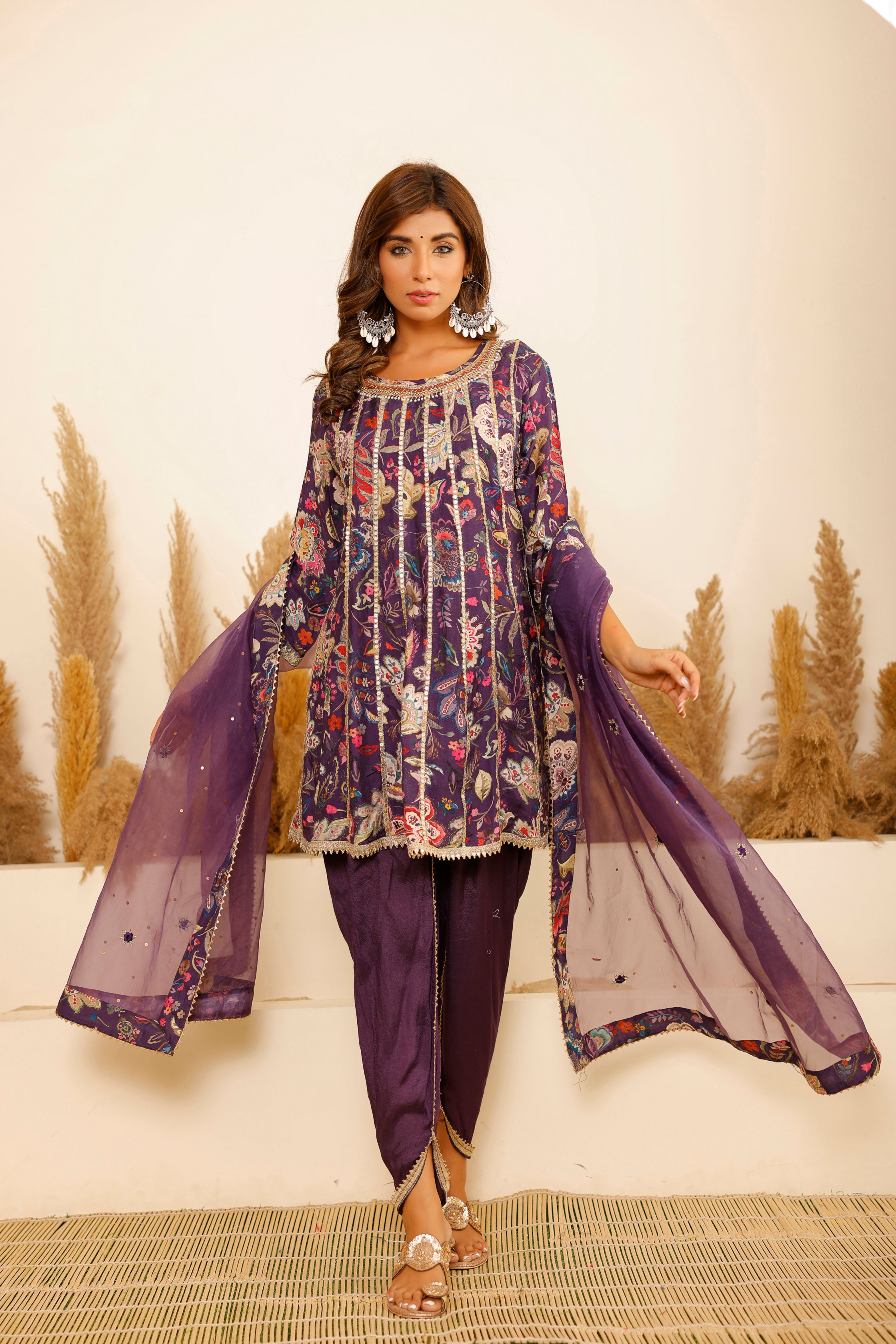 Purple Modal A-Line Round Neck Zari Kurta & Dhoti Pant With Dupatta