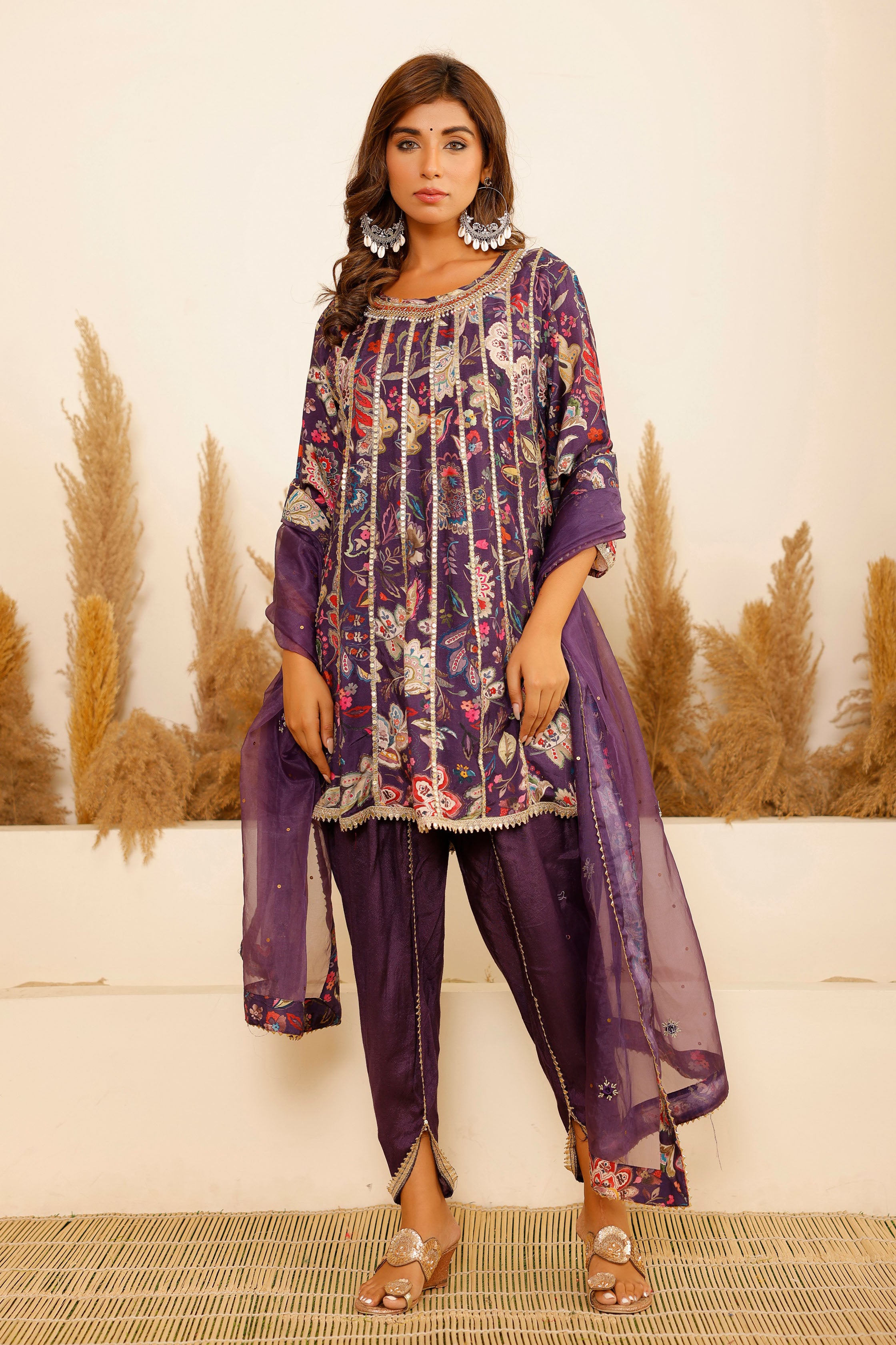 Purple Modal A-Line Round Neck Zari Kurta & Dhoti Pant With Dupatta
