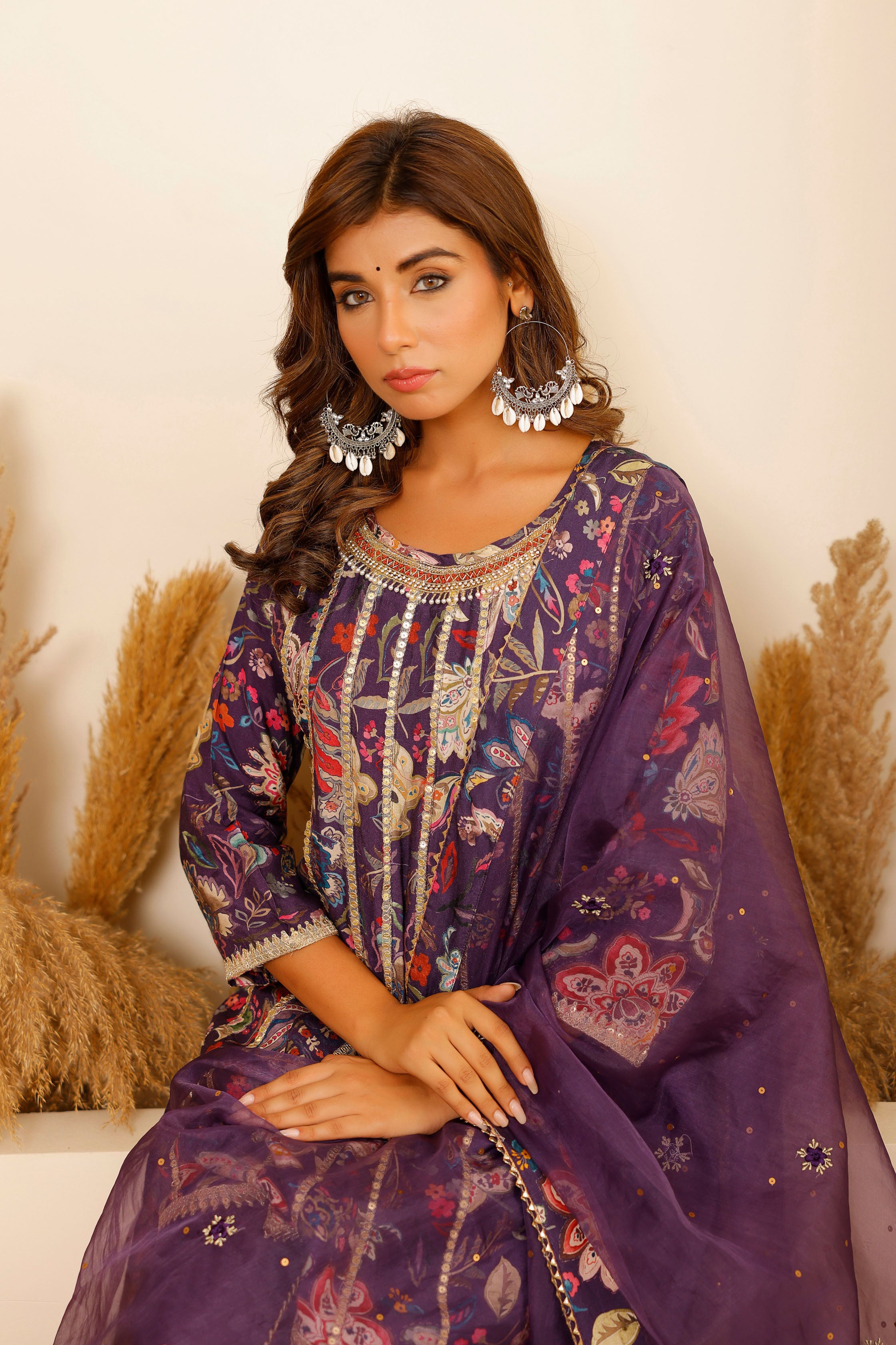 Purple Modal A-Line Round Neck Zari Kurta & Dhoti Pant With Dupatta