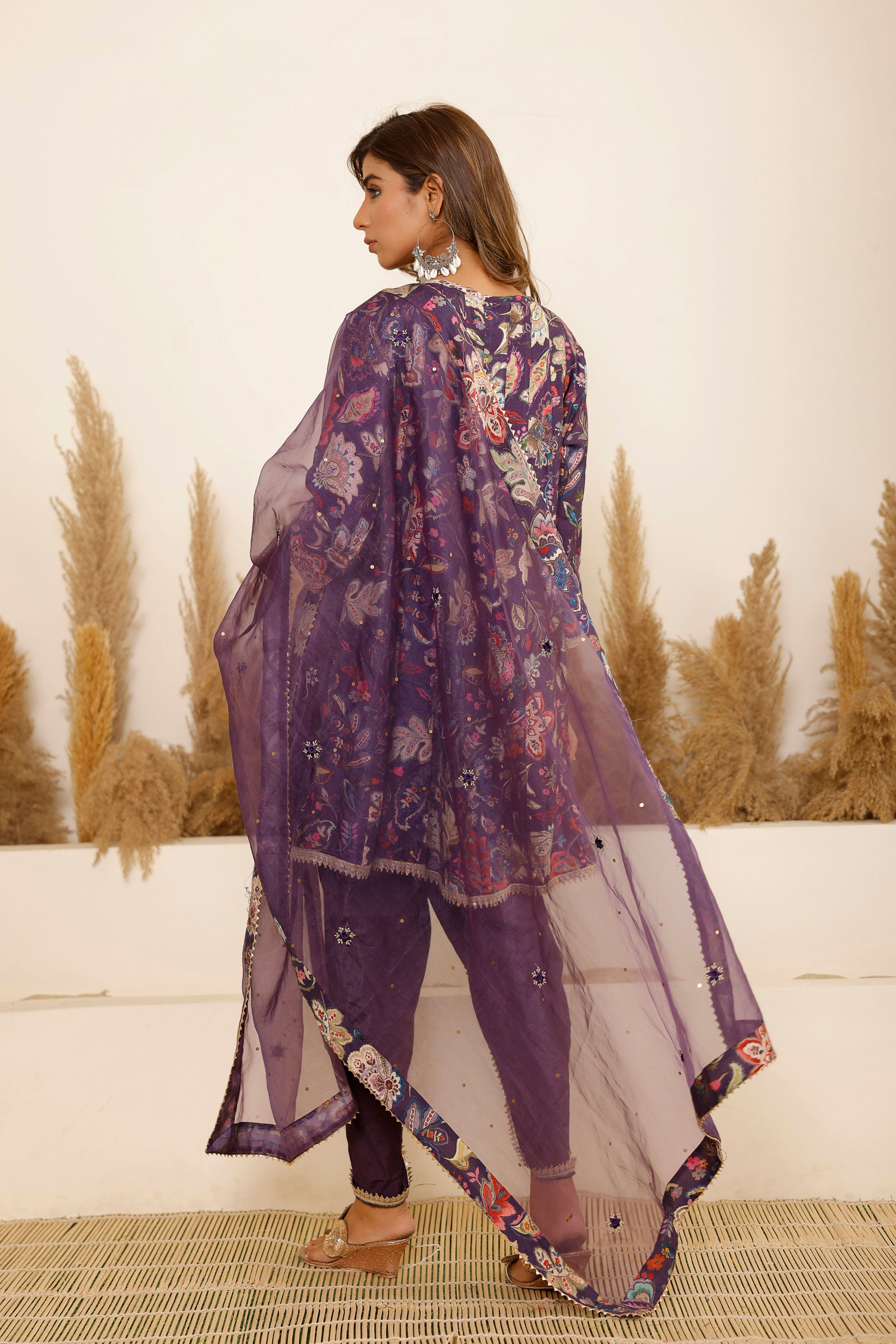 Purple Modal A-Line Round Neck Zari Kurta & Dhoti Pant With Dupatta