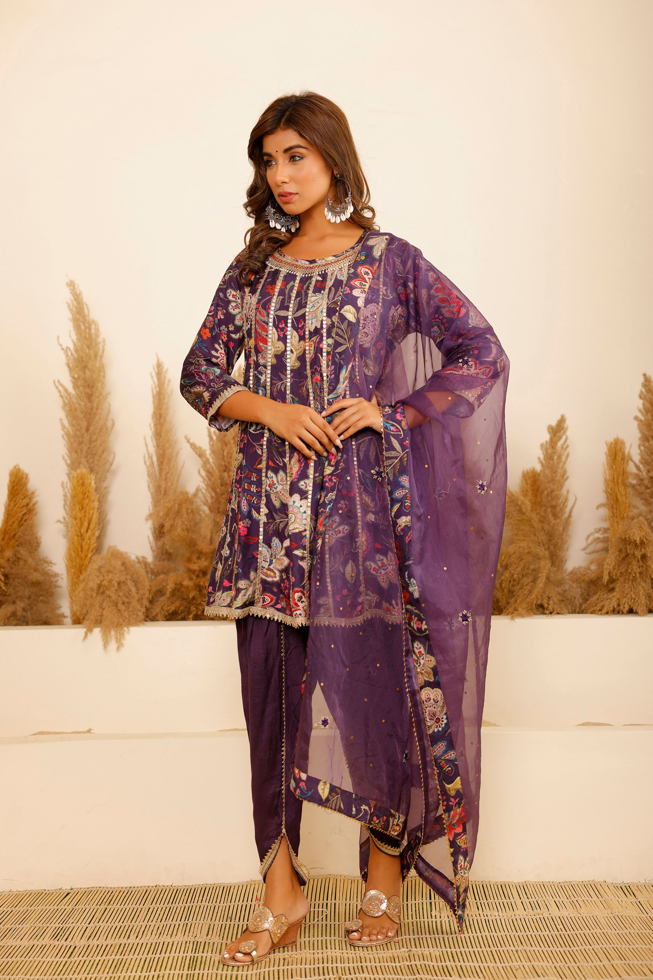Purple Modal A-Line Round Neck Zari Kurta & Dhoti Pant With Dupatta