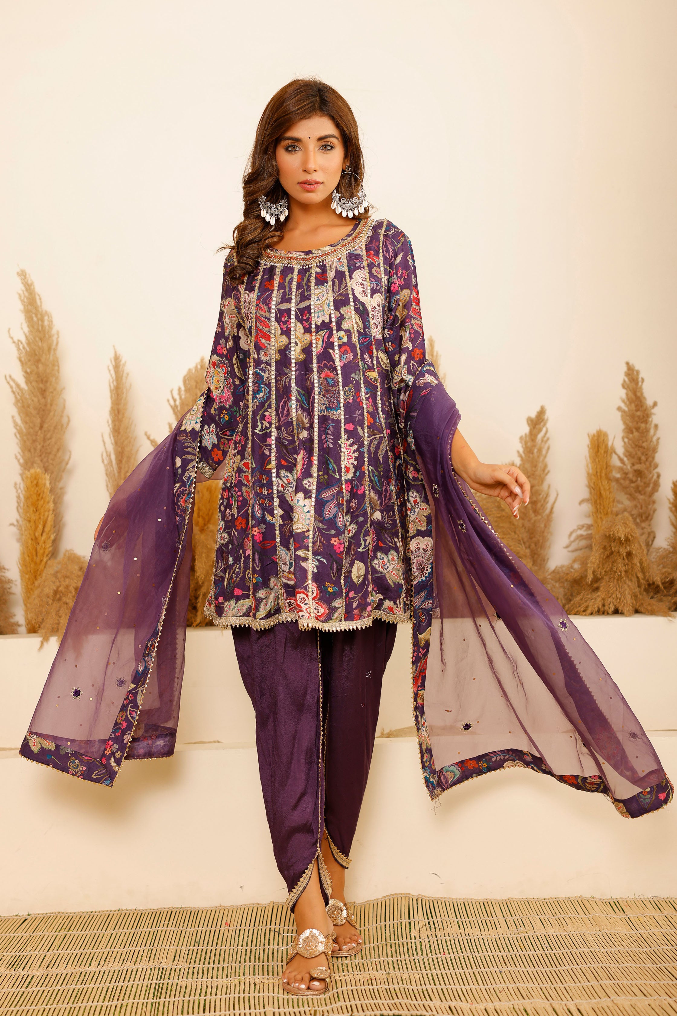 Purple Modal A-Line Round Neck Zari Kurta & Dhoti Pant With Dupatta