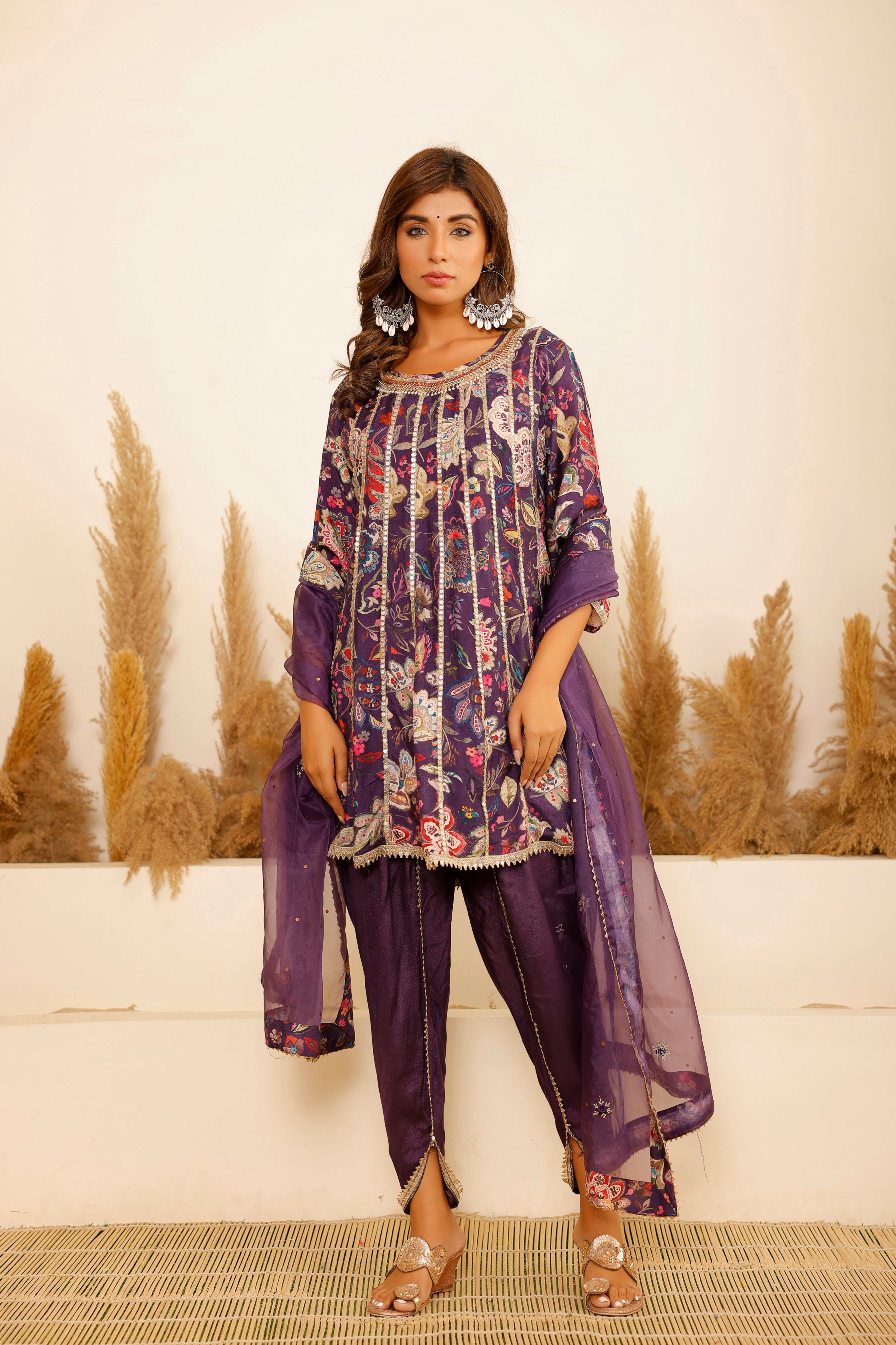 Purple Modal A-Line Round Neck Zari Kurta & Dhoti Pant With Dupatta