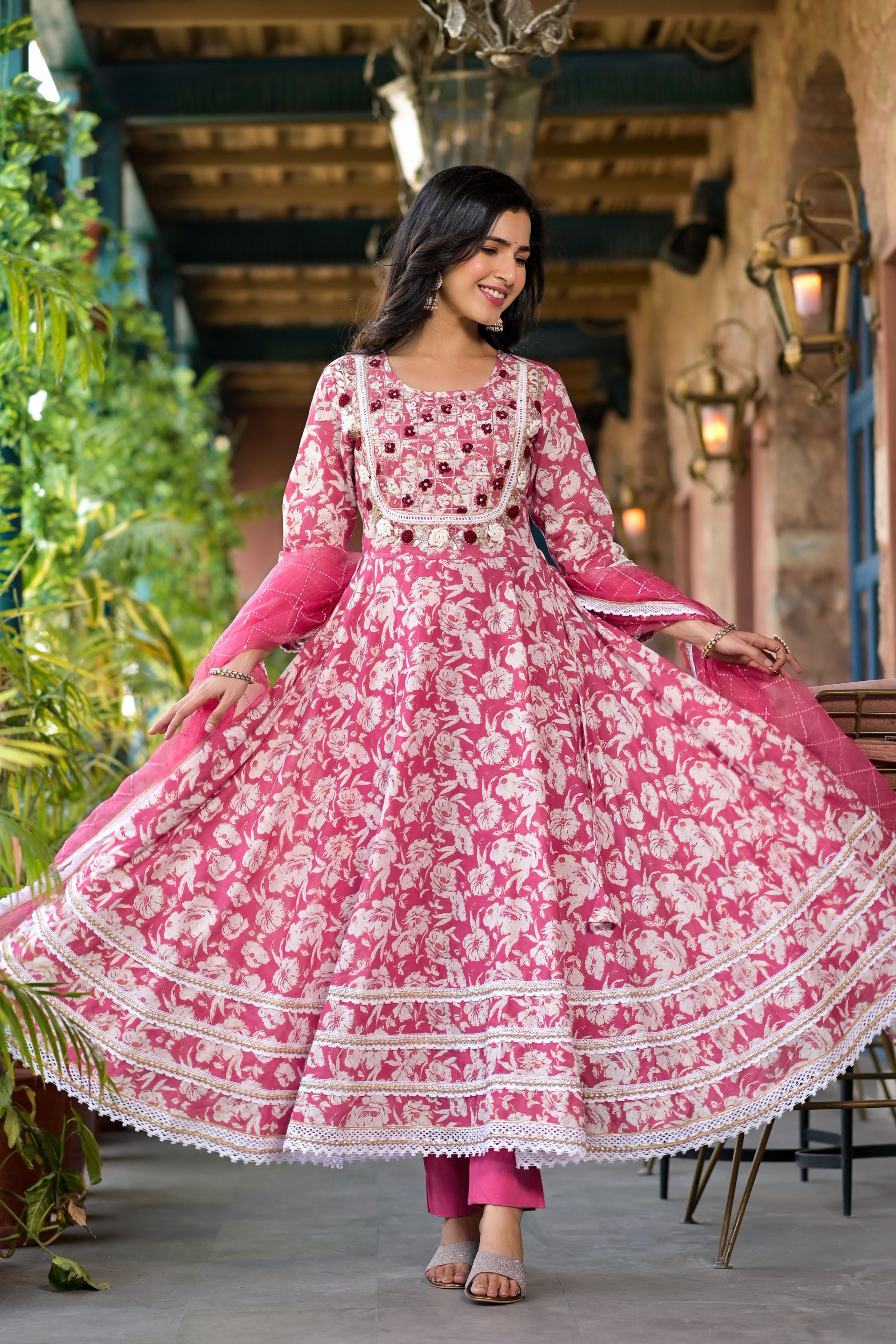 Pink Mulmul Anarkali Round Neck Thread Work Kurta & Trouser With Dupatta