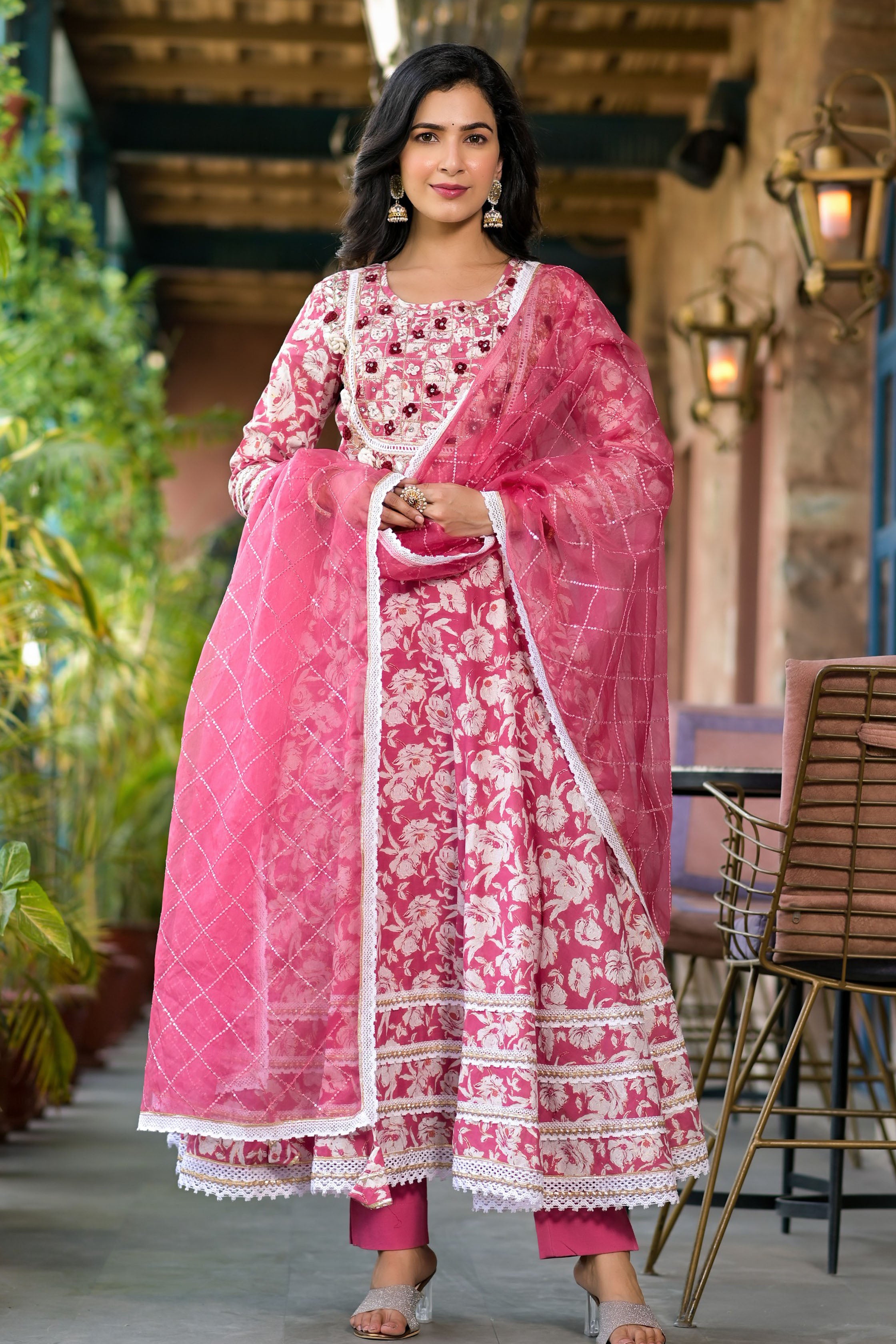 Pink Mulmul Anarkali Round Neck Thread Work Kurta & Trouser With Dupatta