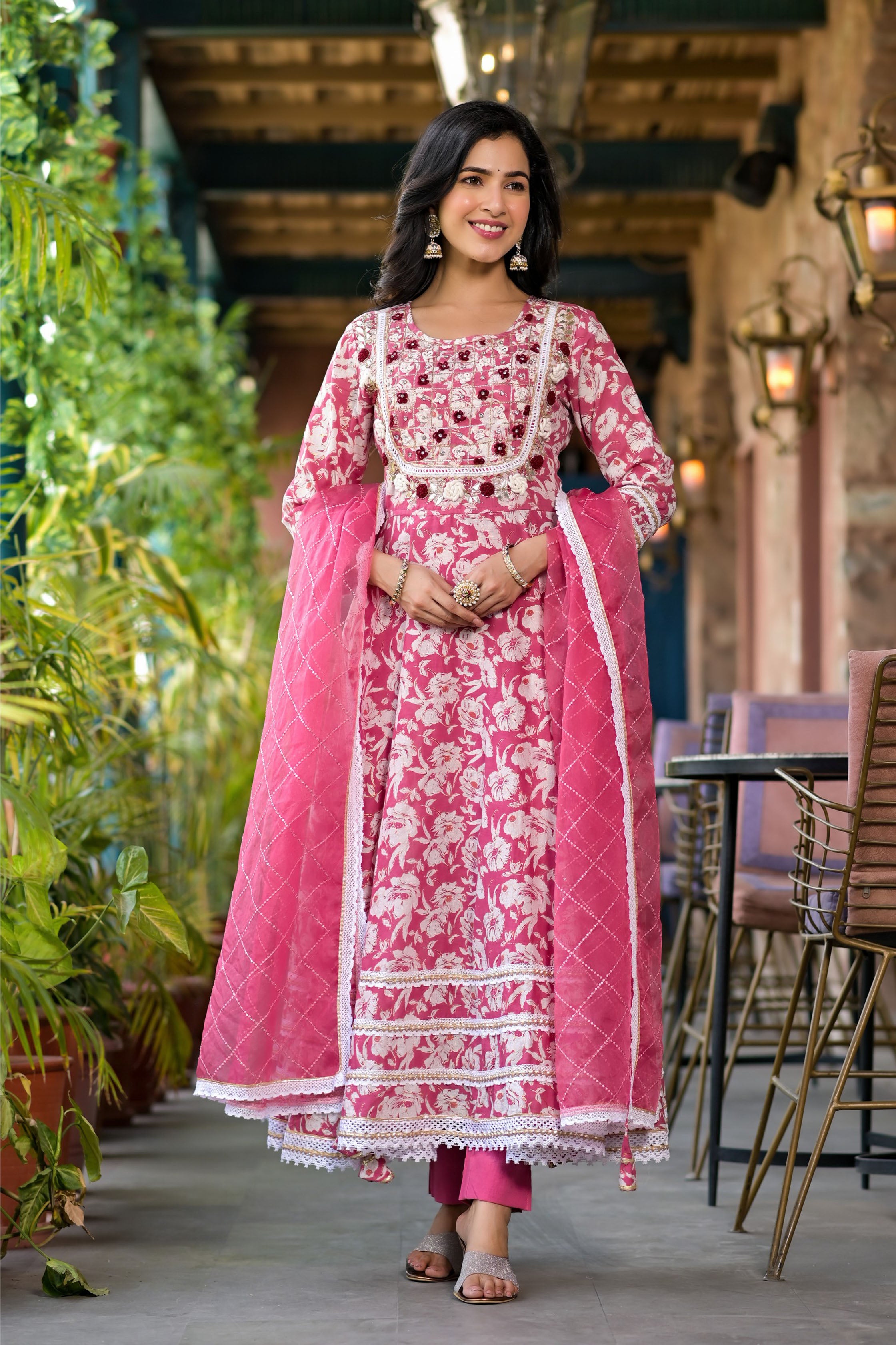 Pink Mulmul Anarkali Round Neck Thread Work Kurta & Trouser With Dupatta