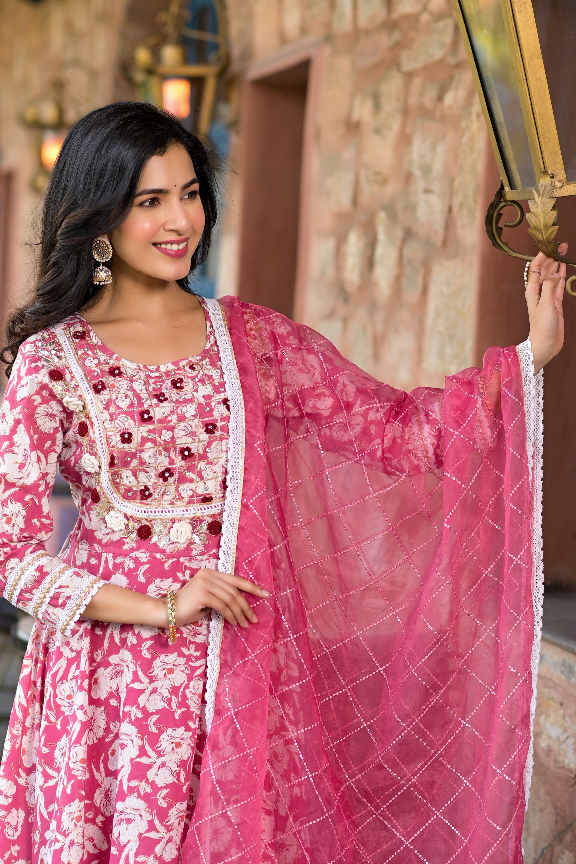 Pink Mulmul Anarkali Round Neck Thread Work Kurta & Trouser With Dupatta