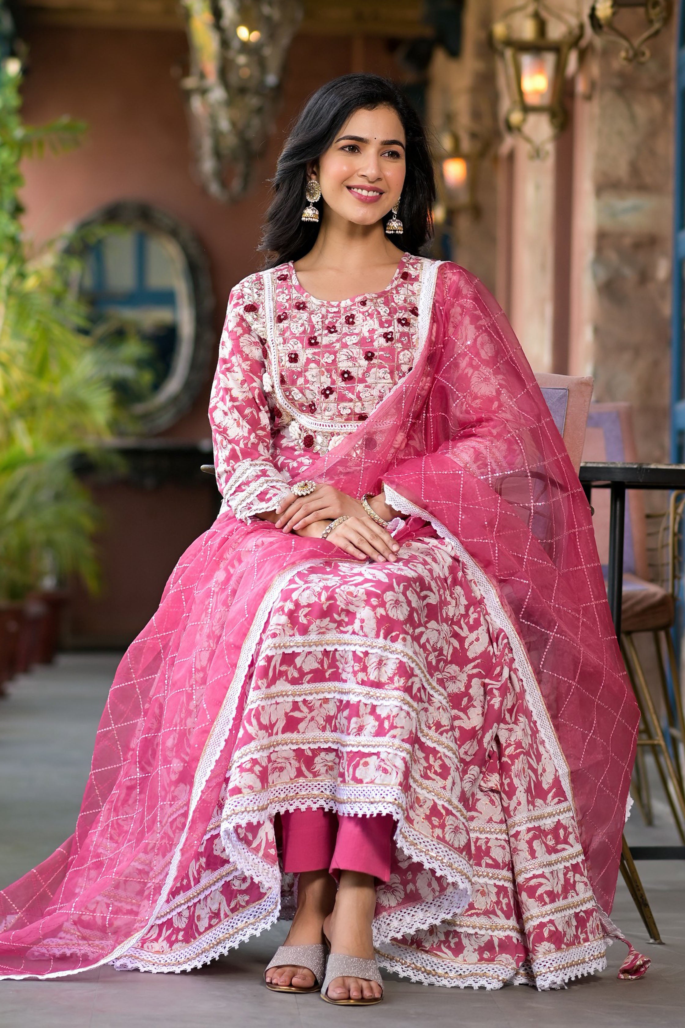 Pink Mulmul Anarkali Round Neck Thread Work Kurta & Trouser With Dupatta