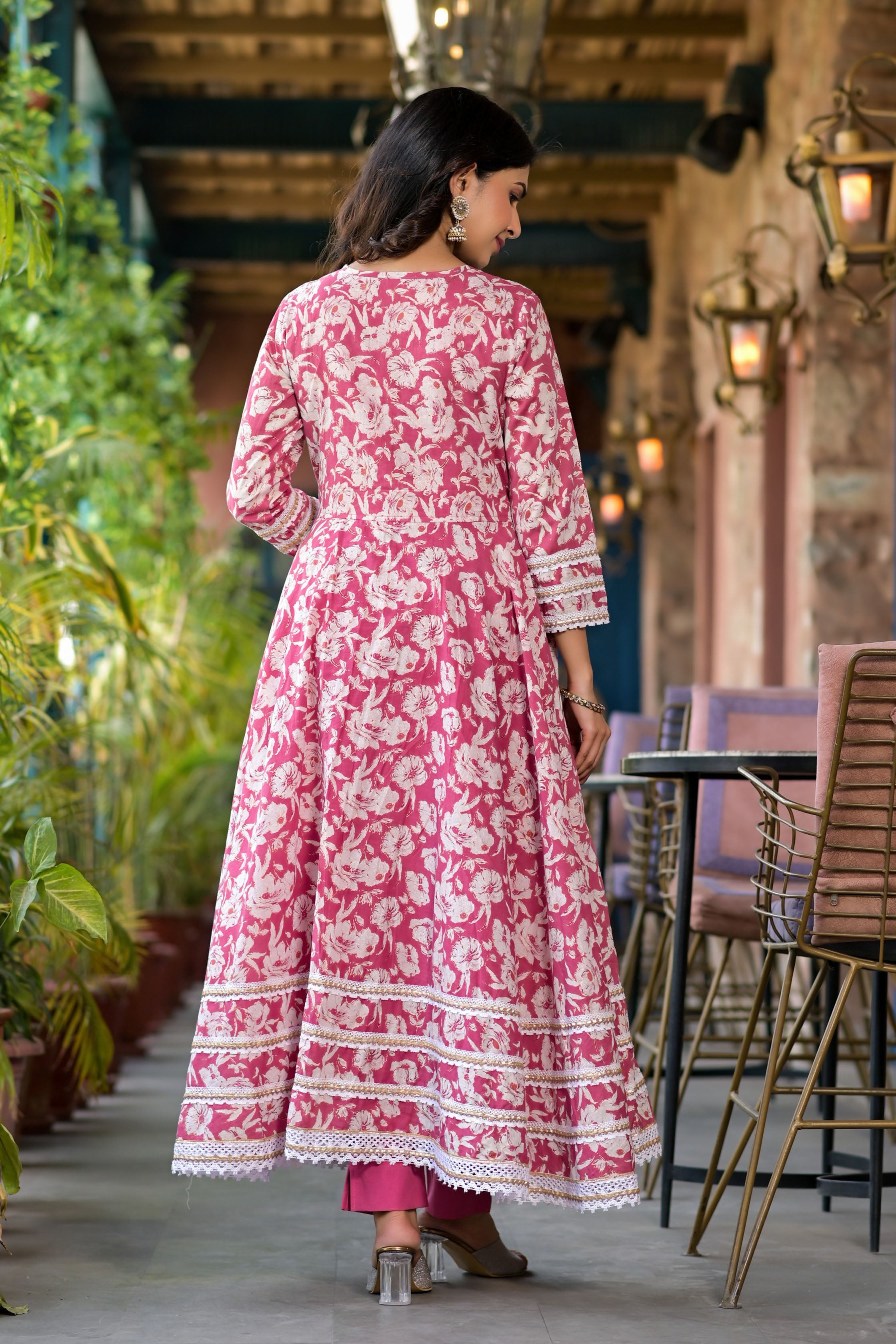 Pink Mulmul Anarkali Round Neck Thread Work Kurta & Trouser With Dupatta