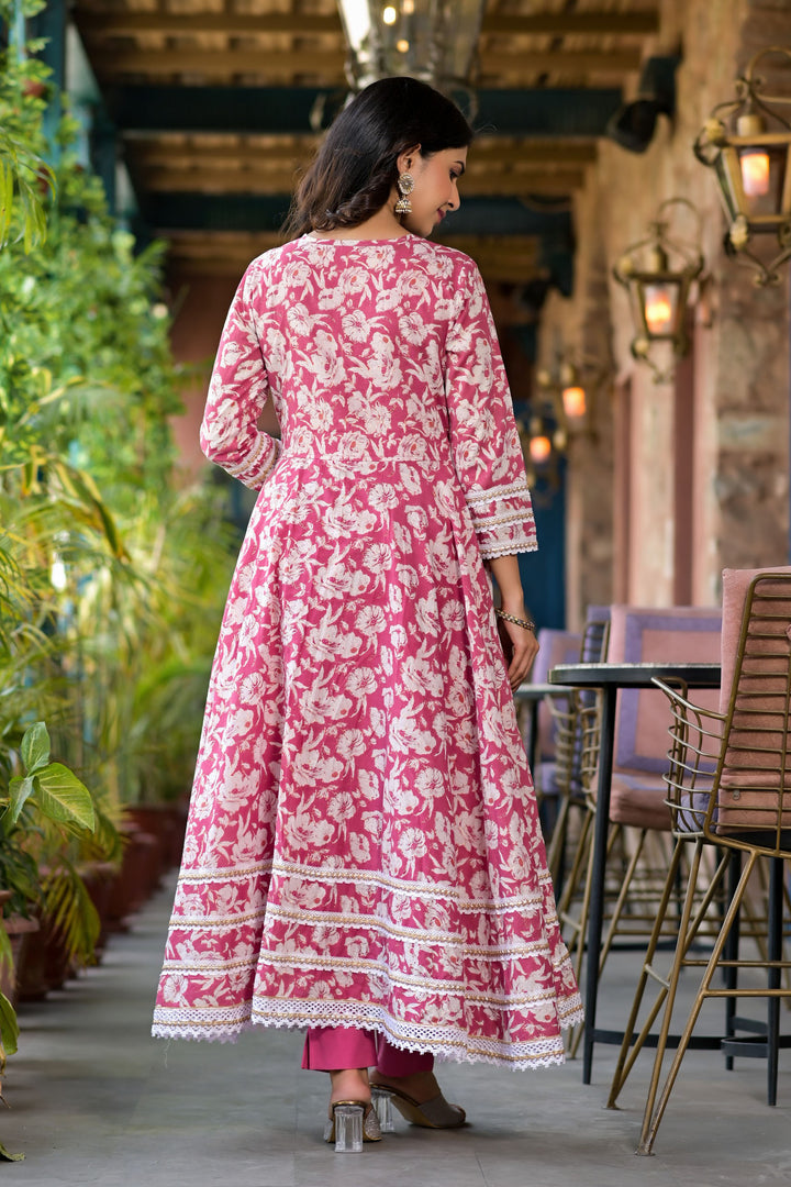 Pink Mulmul Anarkali Round Neck Thread Work Kurta & Trouser With Dupatta