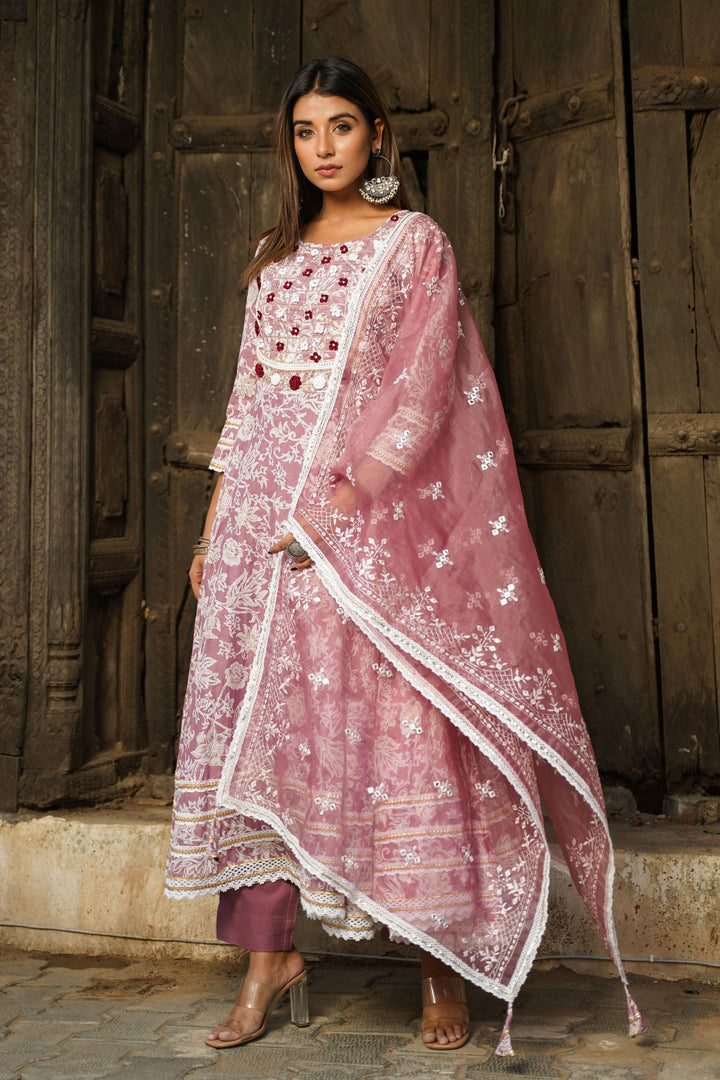 Wine Hand Work and Thread Work Cotton Anarkali Round Neck Kurta and Trouser With Dupatta