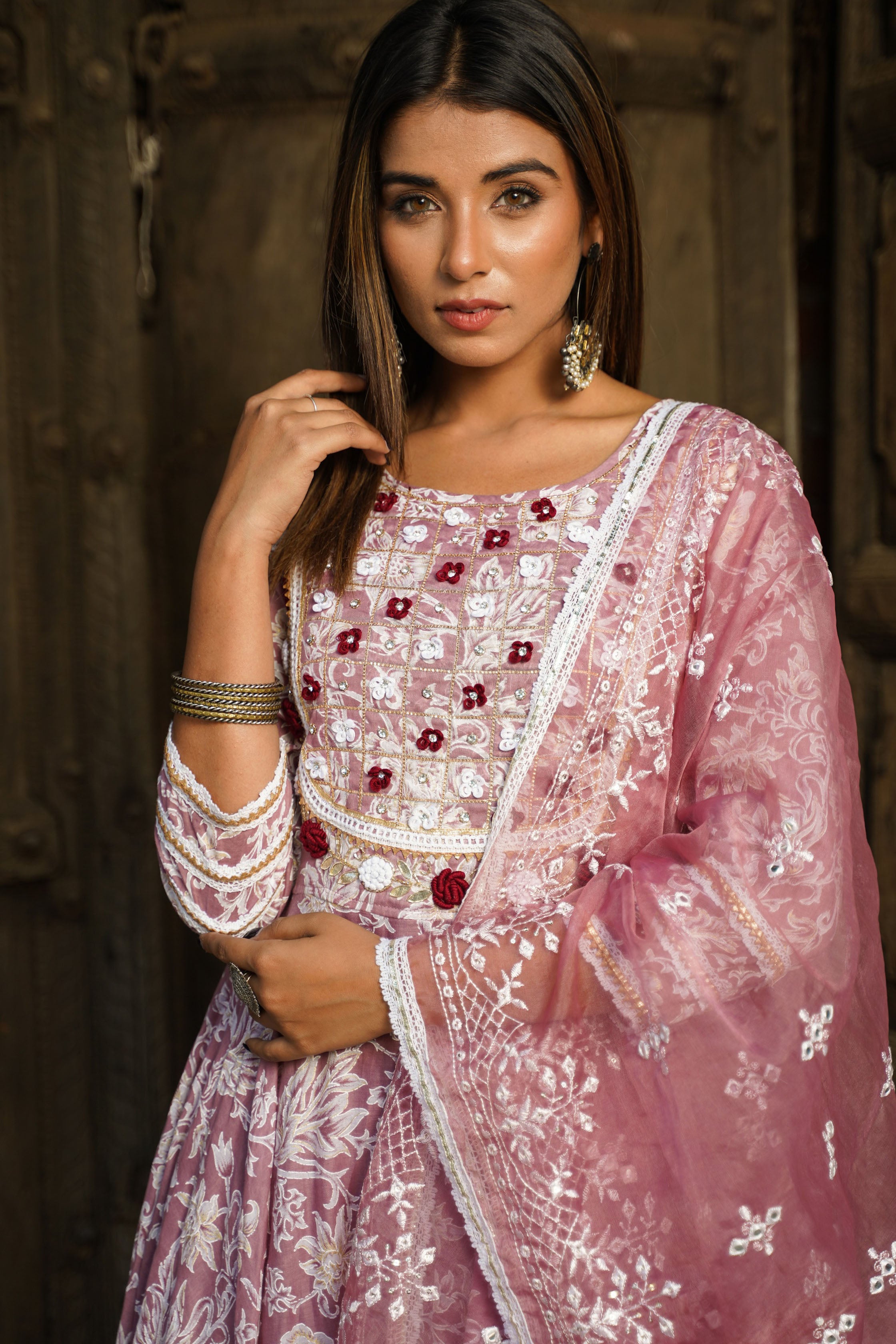 Wine Hand Work and Thread Work Cotton Anarkali Round Neck Kurta and Trouser With Dupatta