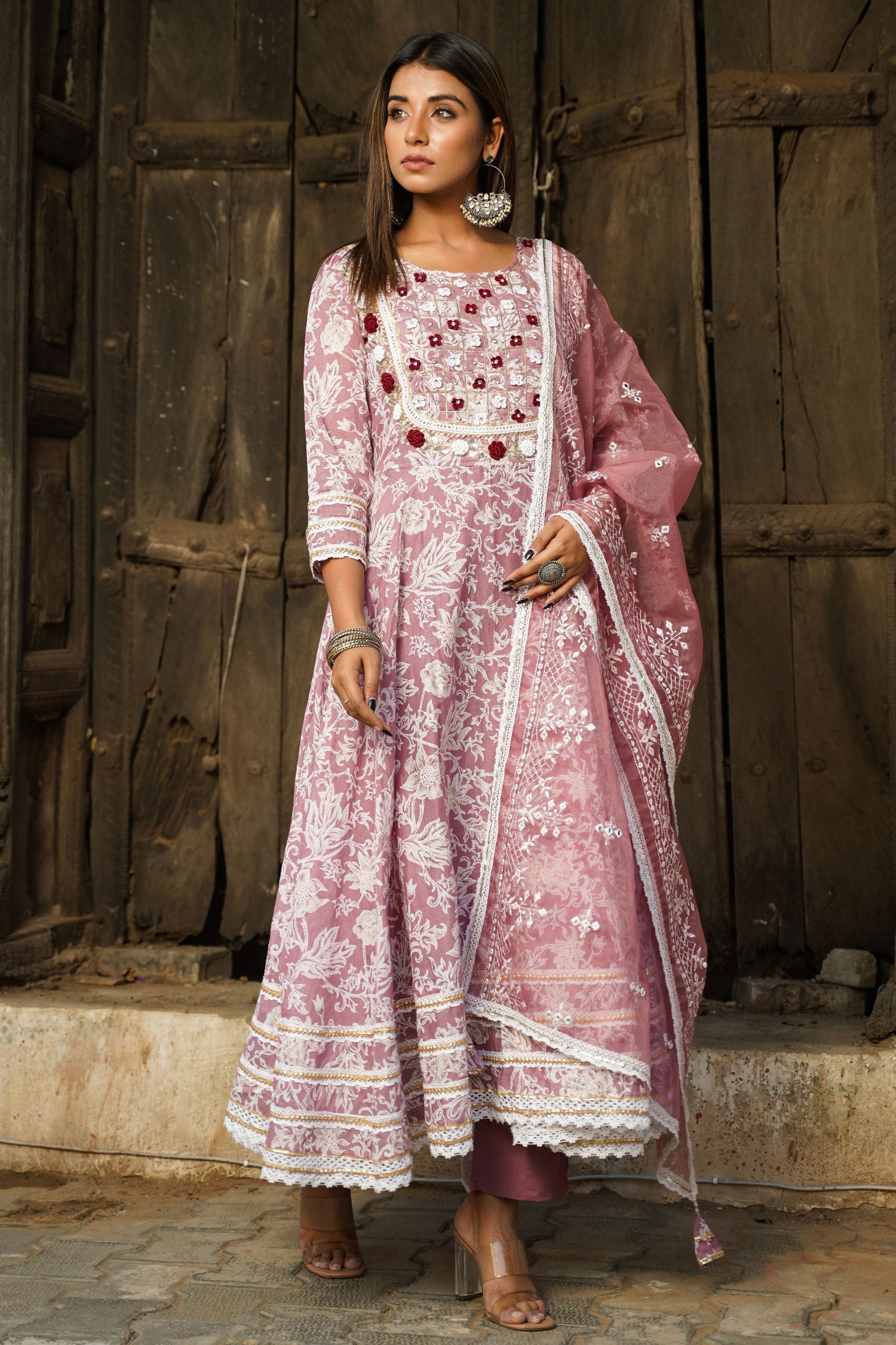 Wine Hand Work and Thread Work Cotton Anarkali Round Neck Kurta and Trouser With Dupatta