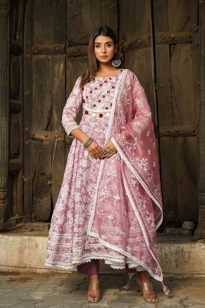 Aavanya Wine Hand Work and Thread Work Cotton Anarkali Round Neck Kurta and Trouser With Dupatta