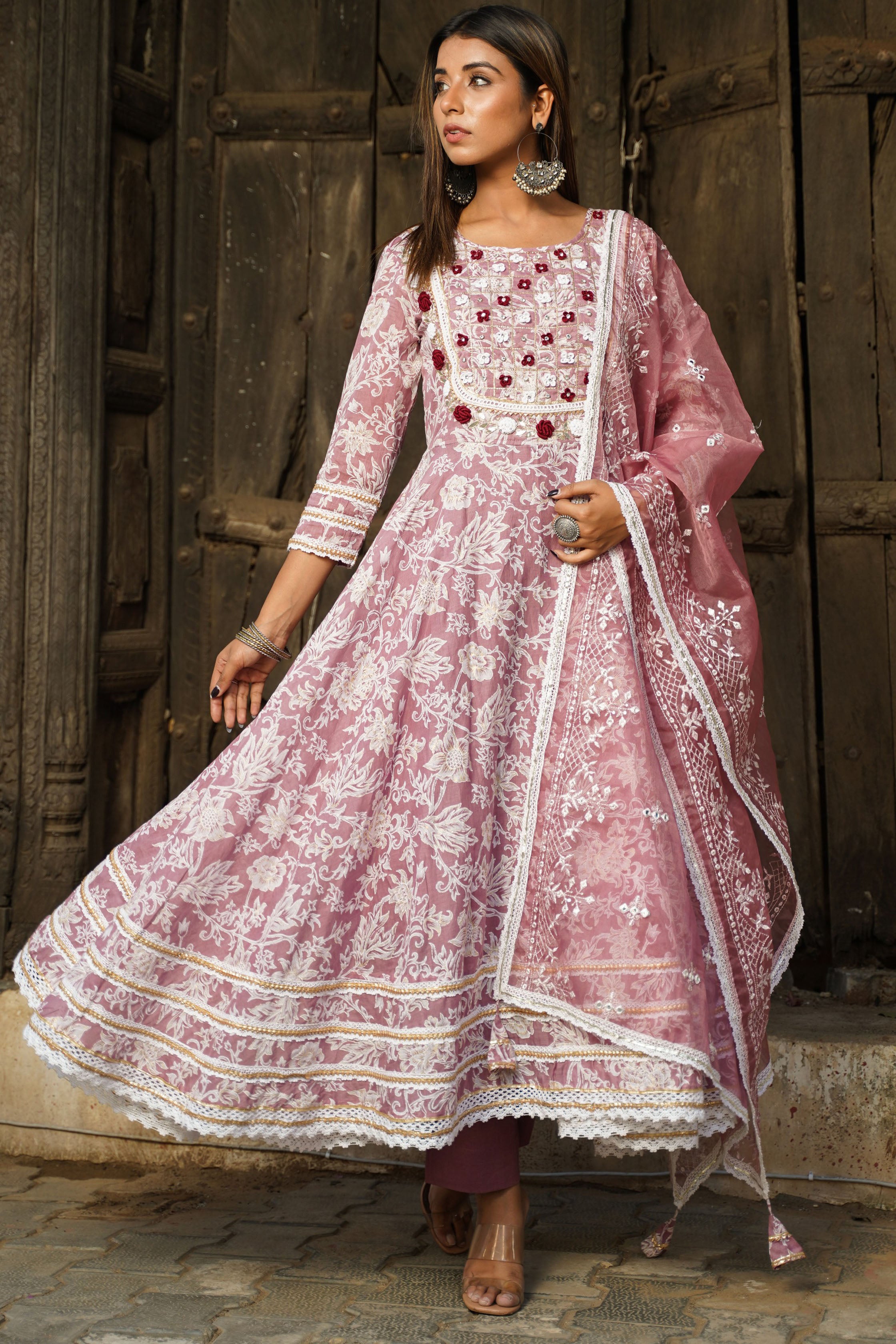 Wine Hand Work and Thread Work Cotton Anarkali Round Neck Kurta and Trouser With Dupatta