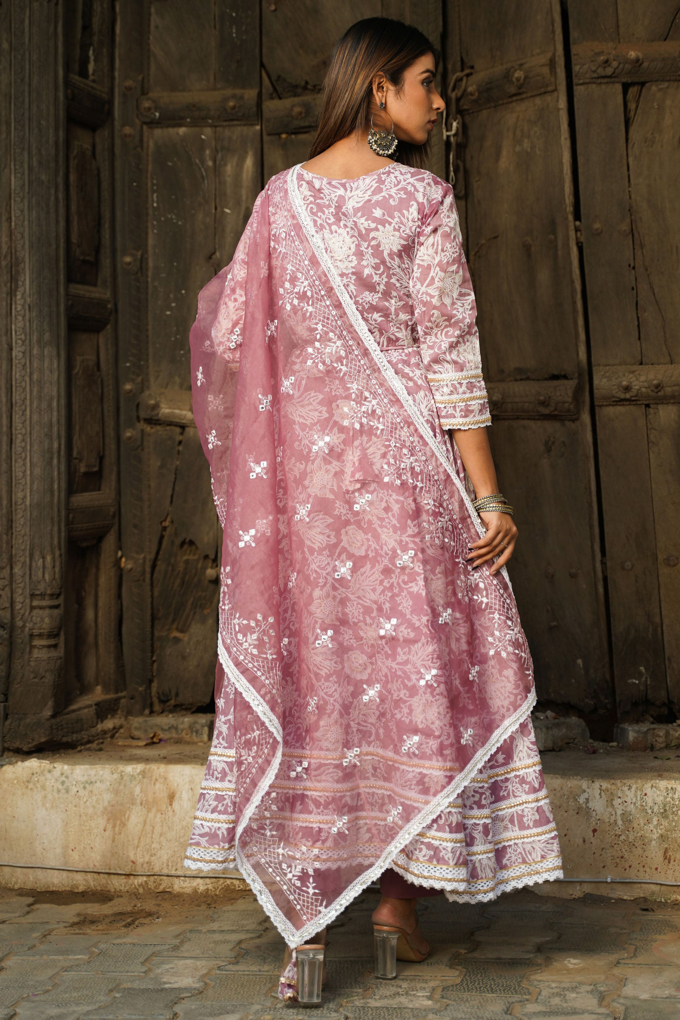 Wine Hand Work and Thread Work Cotton Anarkali Round Neck Kurta and Trouser With Dupatta