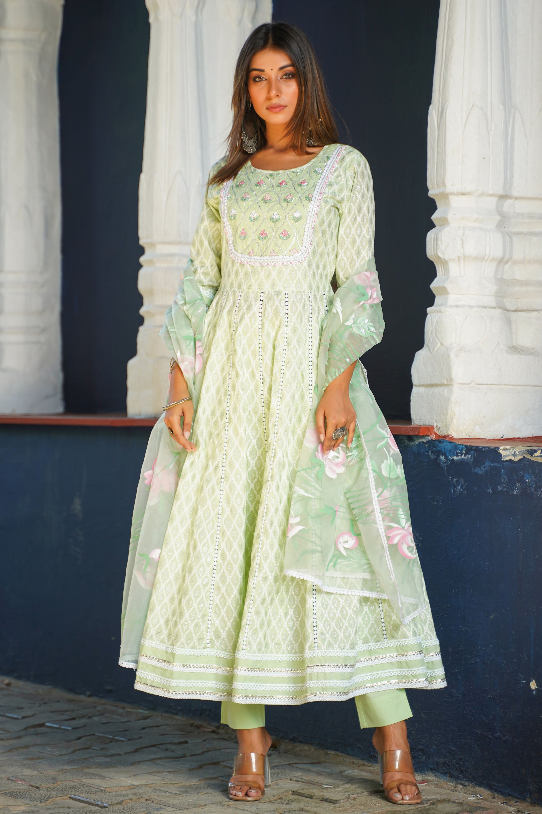 Aavanya Lime Green Cotton Hand Work and Bead & Stone Work Round Neck Anarkali Kurta & Trouser With Dupatta