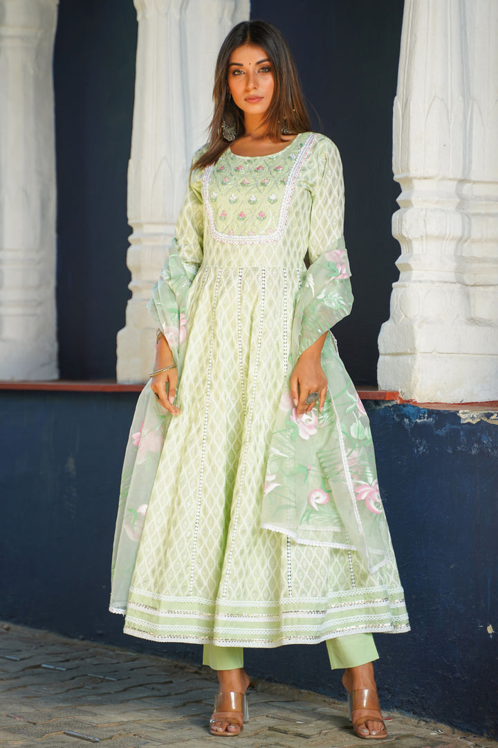 Aavanya Lime Green Cotton Hand Work and Bead & Stone Work Round Neck Anarkali Kurta & Trouser With Dupatta