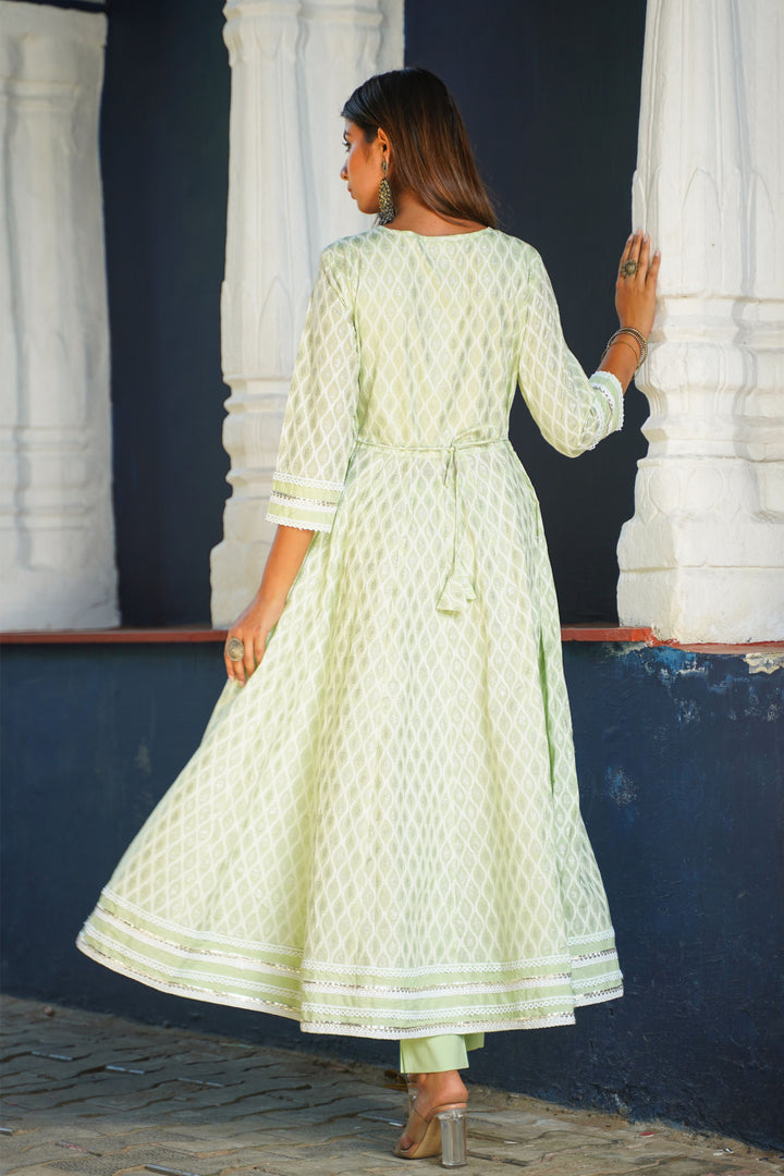 Aavanya Lime Green Cotton Hand Work and Bead & Stone Work Round Neck Anarkali Kurta & Trouser With Dupatta