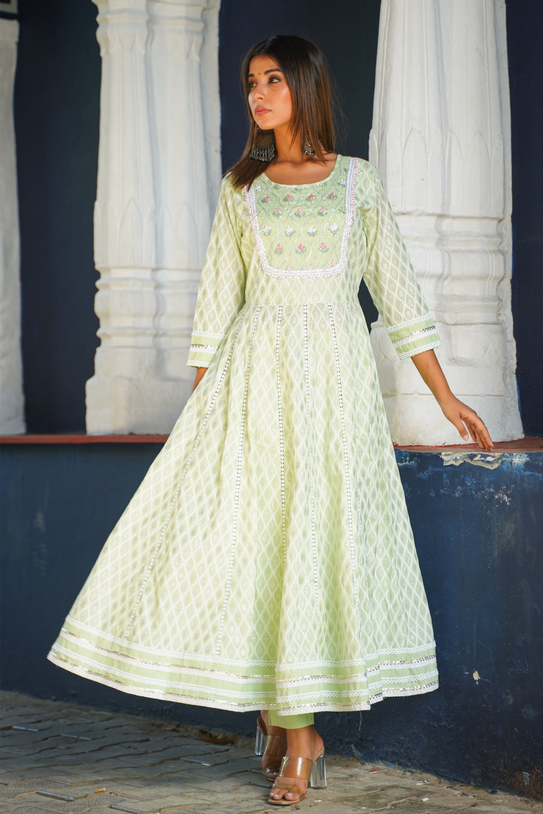 Aavanya Lime Green Cotton Hand Work and Bead & Stone Work Round Neck Anarkali Kurta & Trouser With Dupatta