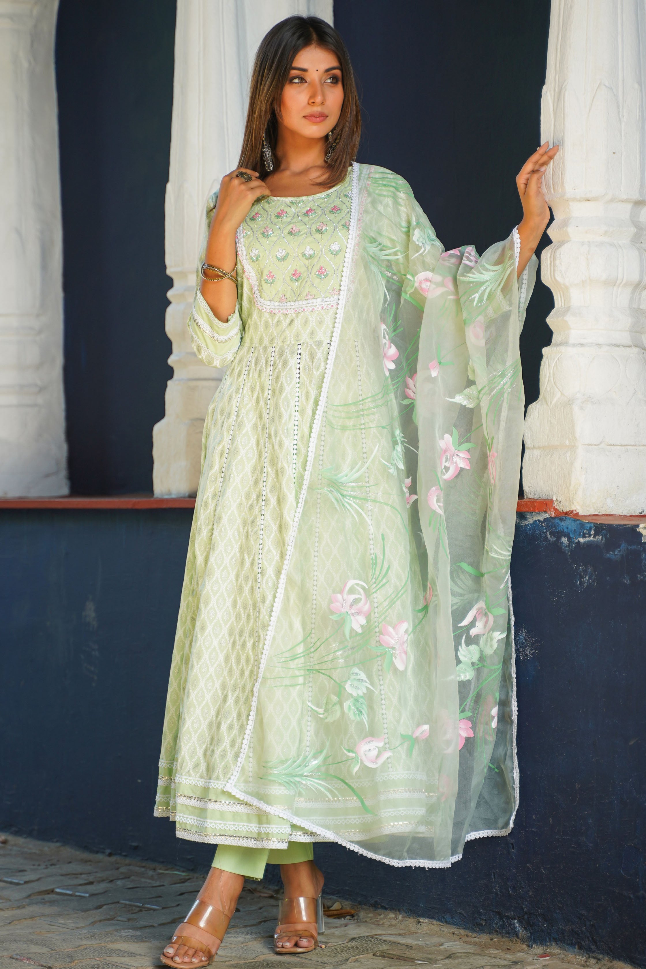 Aavanya Lime Green Cotton Hand Work and Bead & Stone Work Round Neck Anarkali Kurta & Trouser With Dupatta