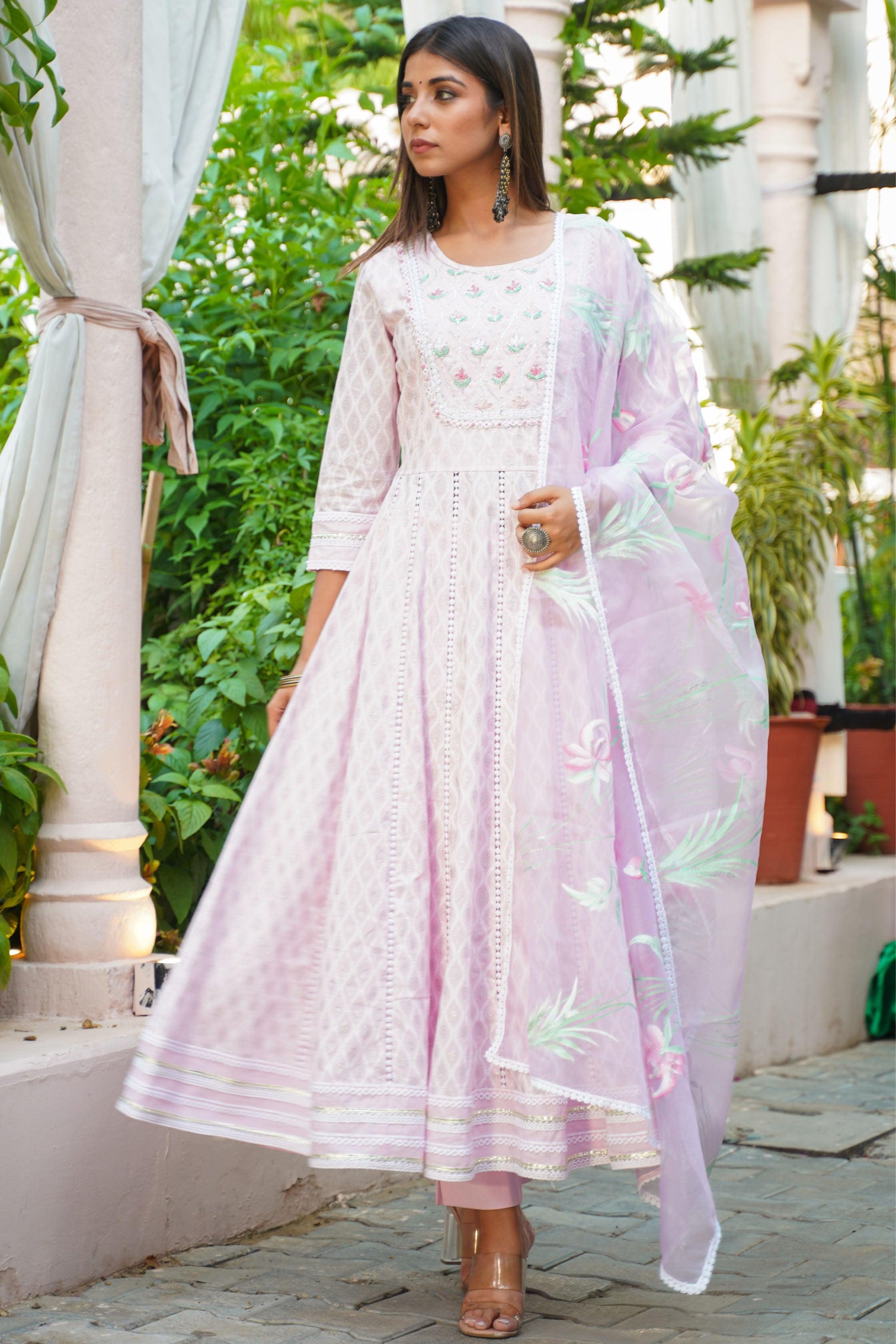 Aavanya Pink Cotton Hand and Bead & Stone Work Round Neck Anarkali Kurta & Trouser With Dupatta