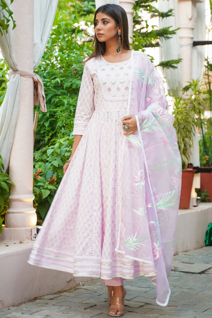 Aavanya Pink Cotton Hand and Bead & Stone Work Round Neck Anarkali Kurta & Trouser With Dupatta