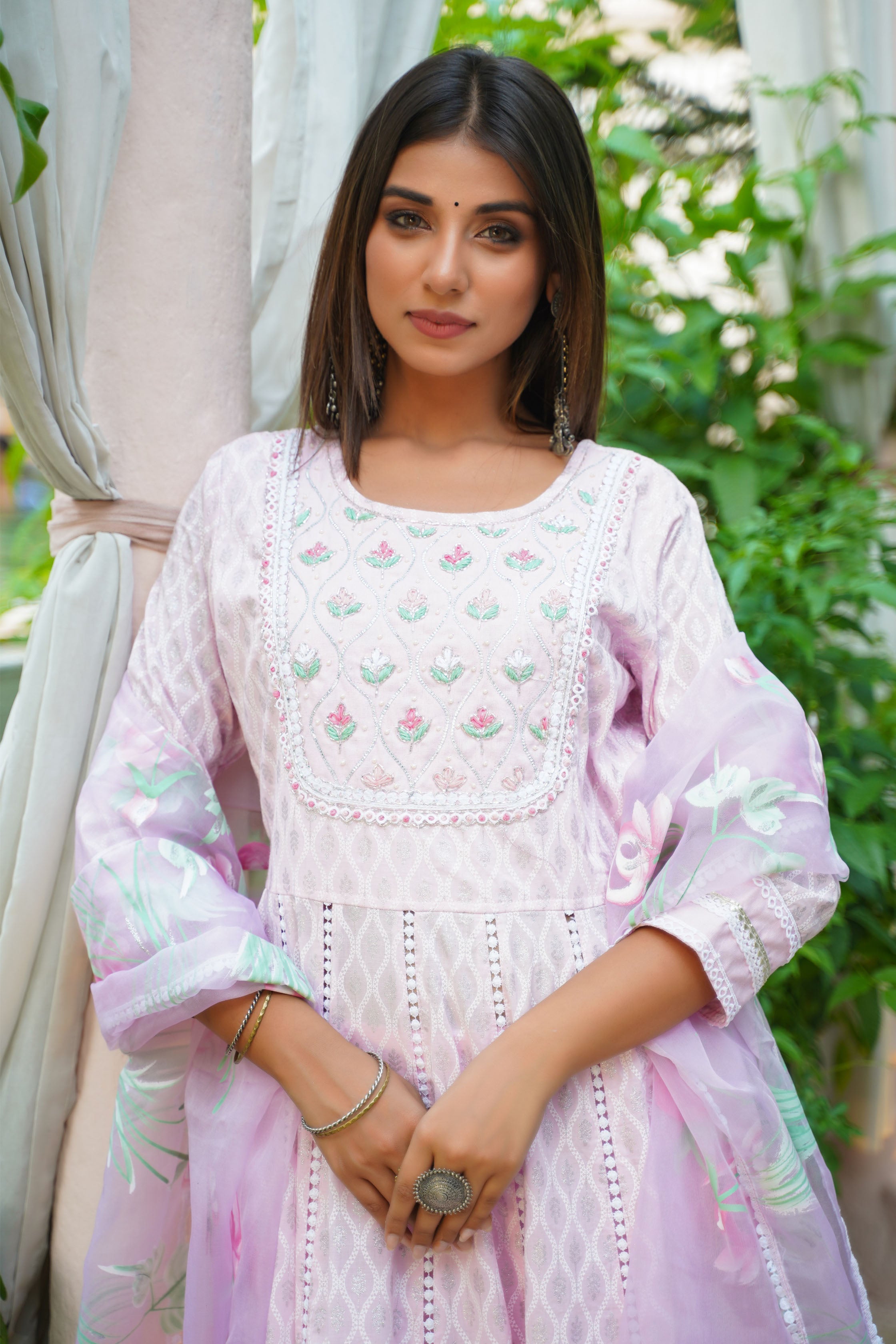Aavanya Pink Cotton Hand and Bead & Stone Work Round Neck Anarkali Kurta & Trouser With Dupatta