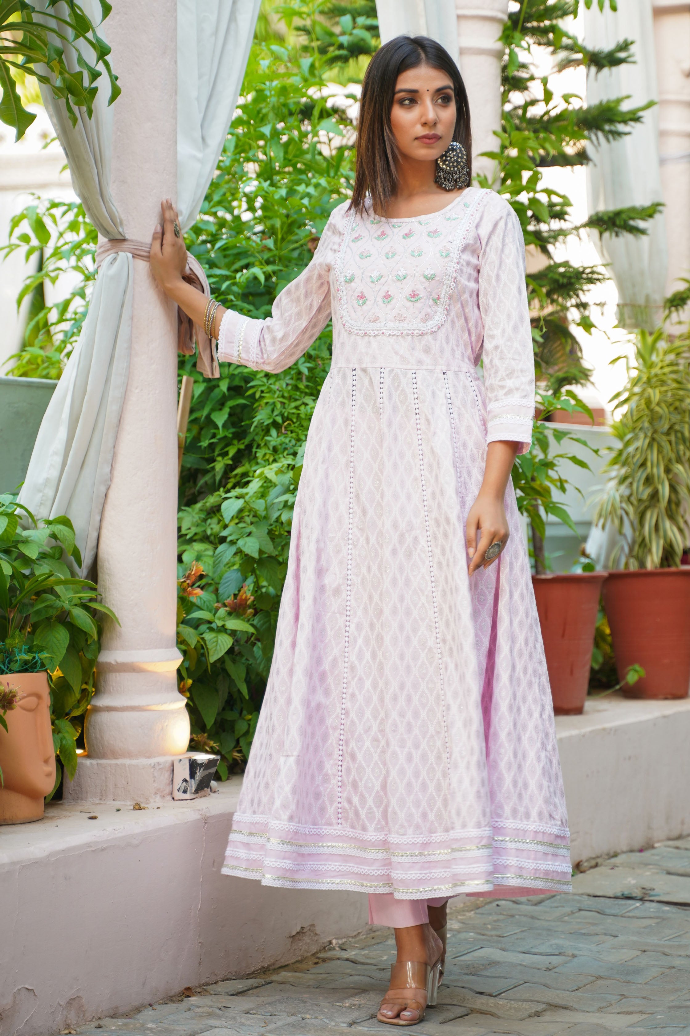 Aavanya Pink Cotton Hand and Bead & Stone Work Round Neck Anarkali Kurta & Trouser With Dupatta