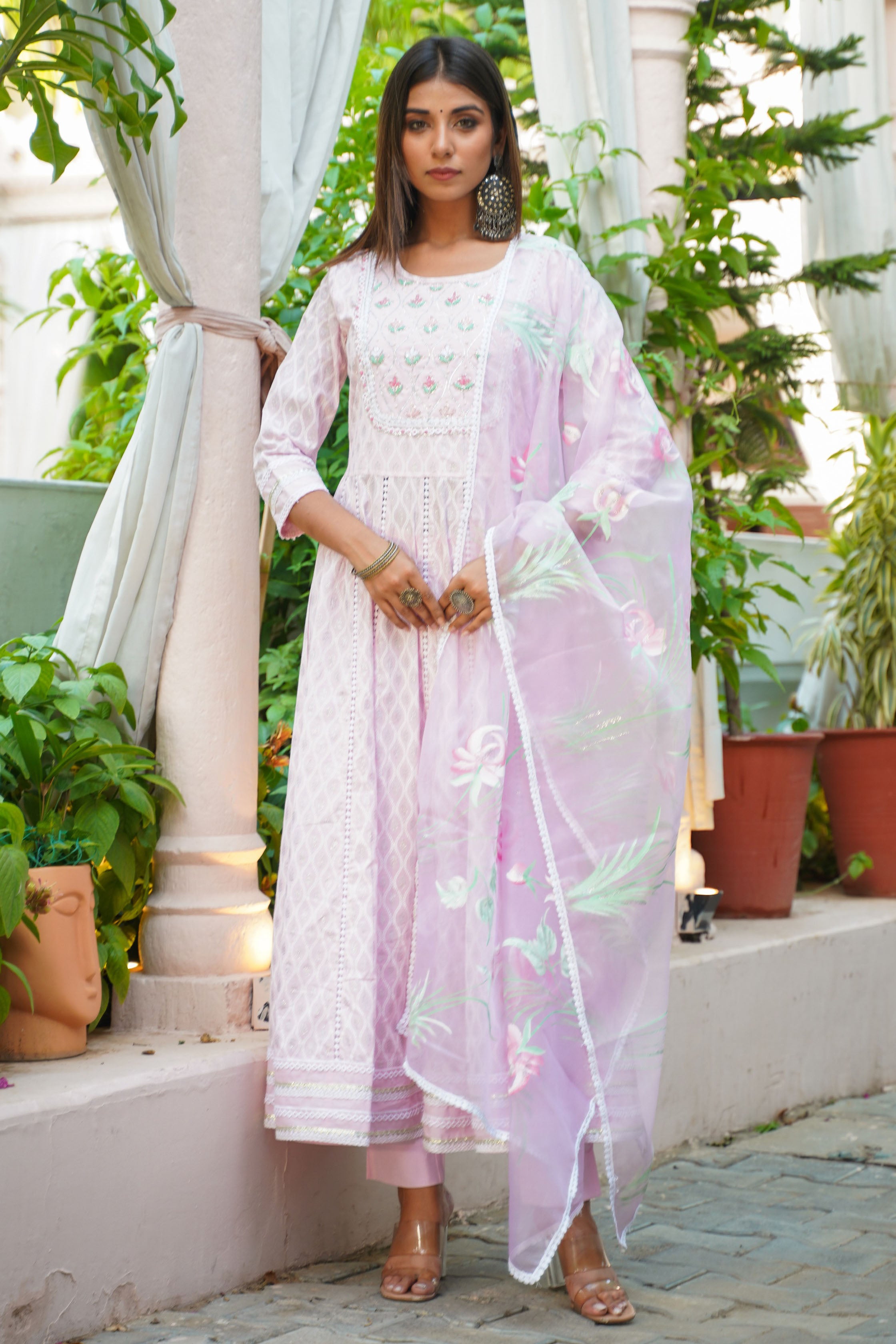Aavanya Pink Cotton Hand and Bead & Stone Work Round Neck Anarkali Kurta & Trouser With Dupatta