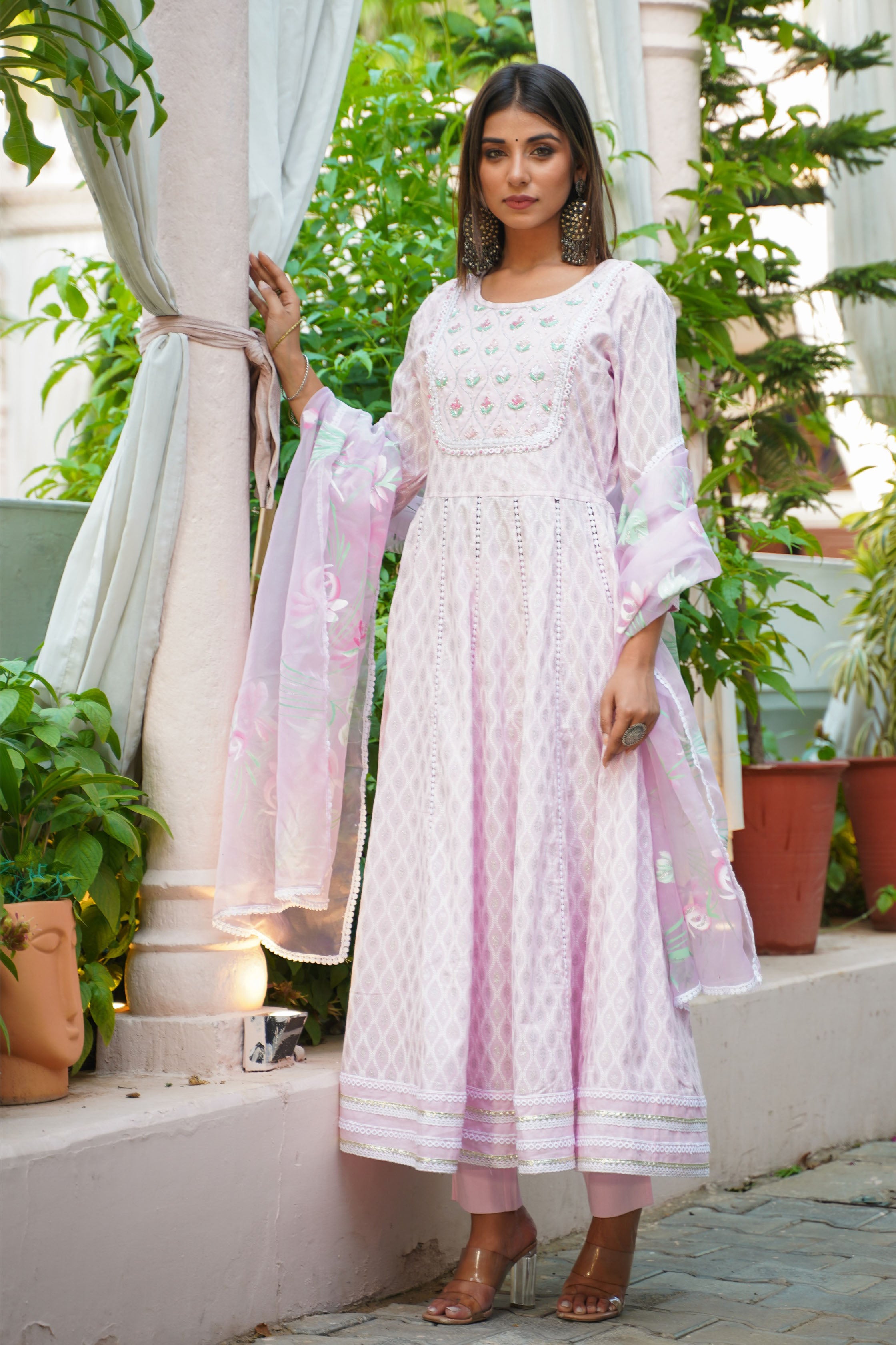 Aavanya Pink Cotton Hand and Bead & Stone Work Round Neck Anarkali Kurta & Trouser With Dupatta