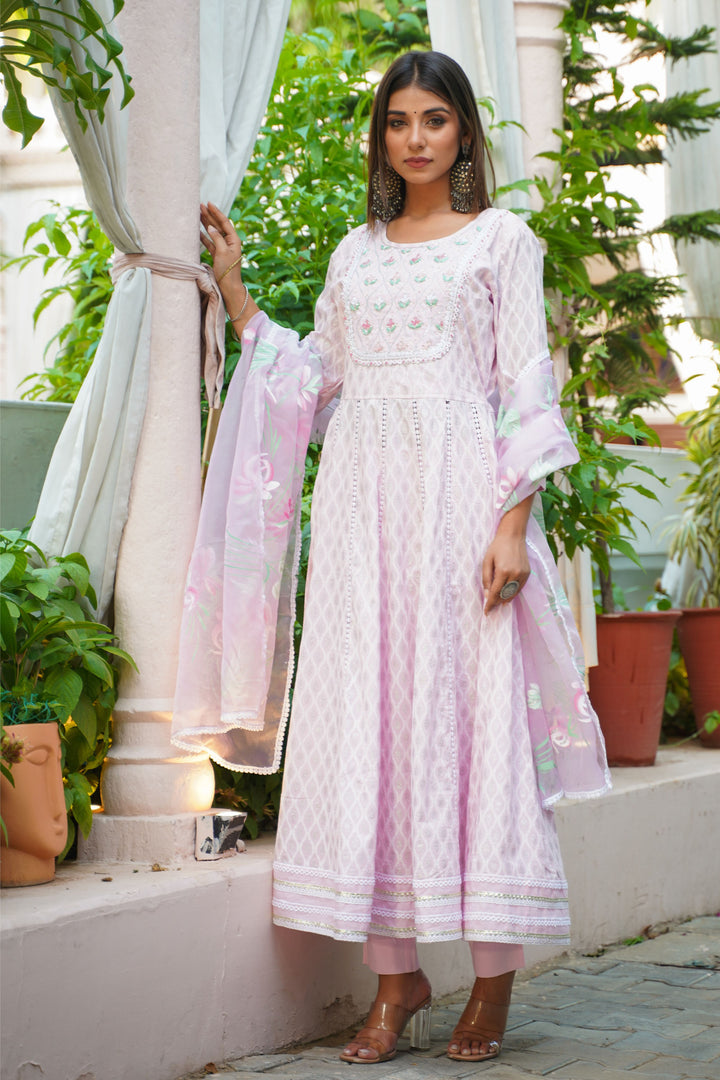 Aavanya Pink Cotton Hand and Bead & Stone Work Round Neck Anarkali Kurta & Trouser With Dupatta
