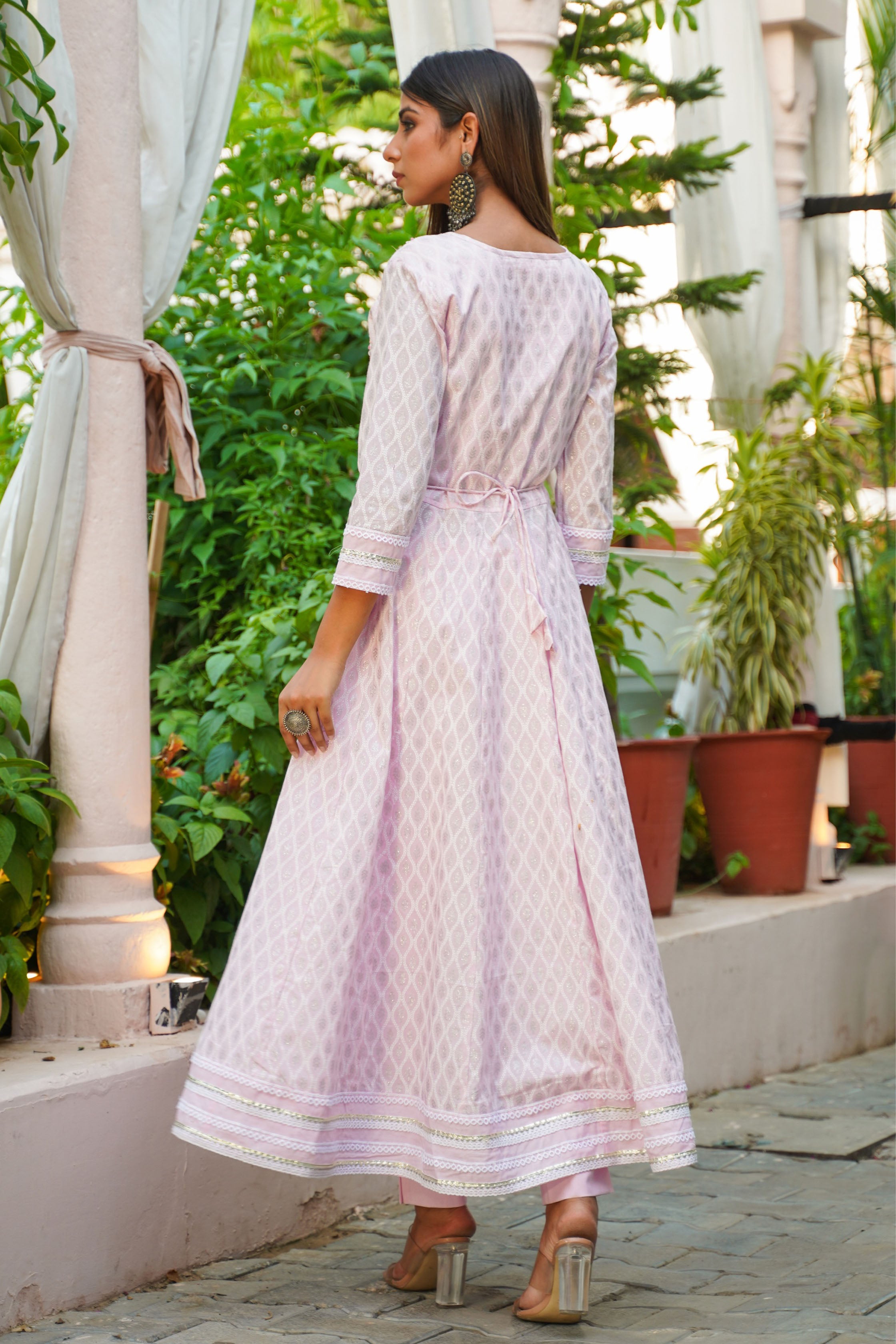 Aavanya Pink Cotton Hand and Bead & Stone Work Round Neck Anarkali Kurta & Trouser With Dupatta